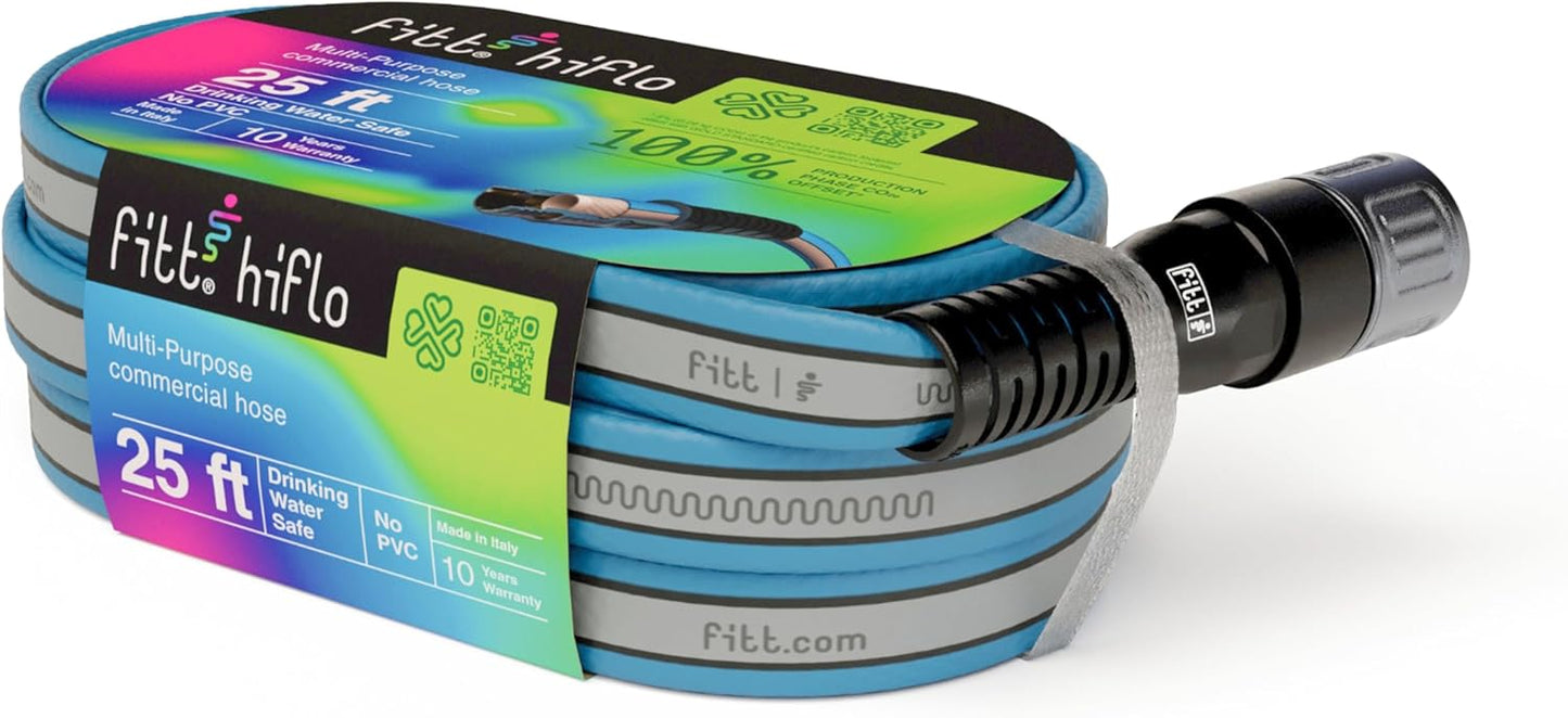 FITT HiFlo Water Hose 25ft, Multipurpose Flat Garden Hose, Easy to Use and Long-lasting Performance, Grey