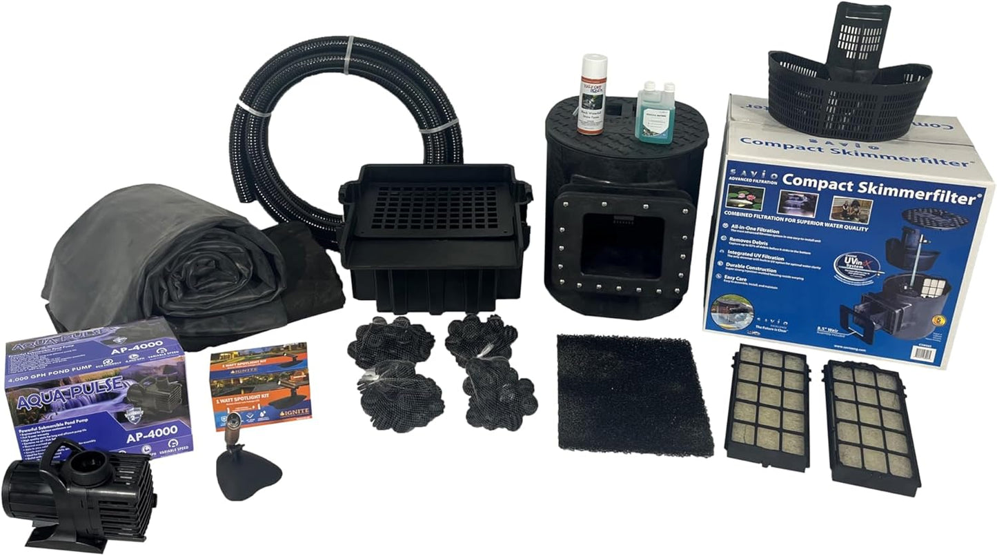 HALF OFF PONDS Savio Select 4,000 GPH Submersible Pump Pond Kit with 15' x 15' EPDM Rubber Pond Liner for Water Garden & Koi Pond