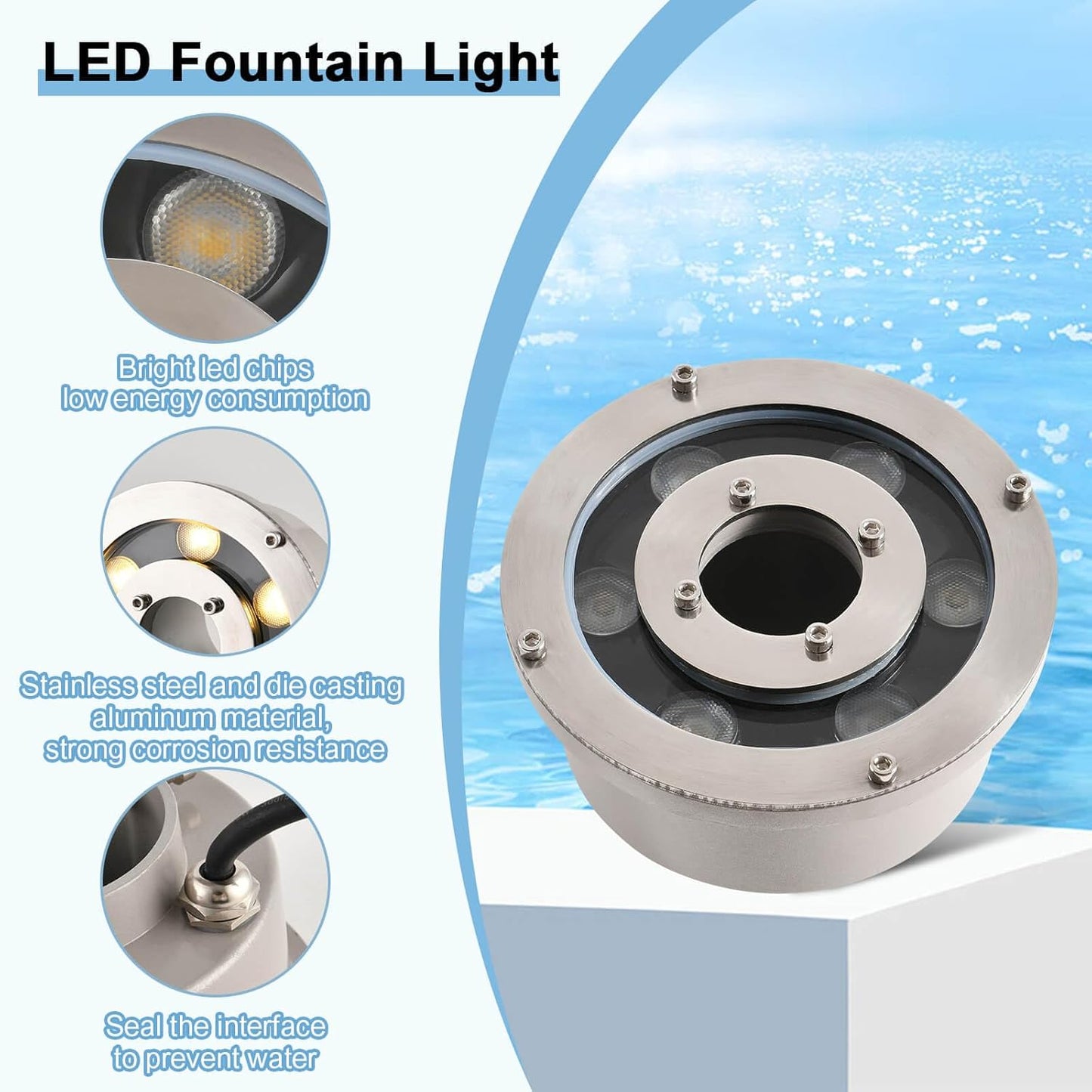 Fountain Light LED Underwater Pond Lights Warm White DC12V IP68 Waterproof Submersible Light for Garden Fountain Pond