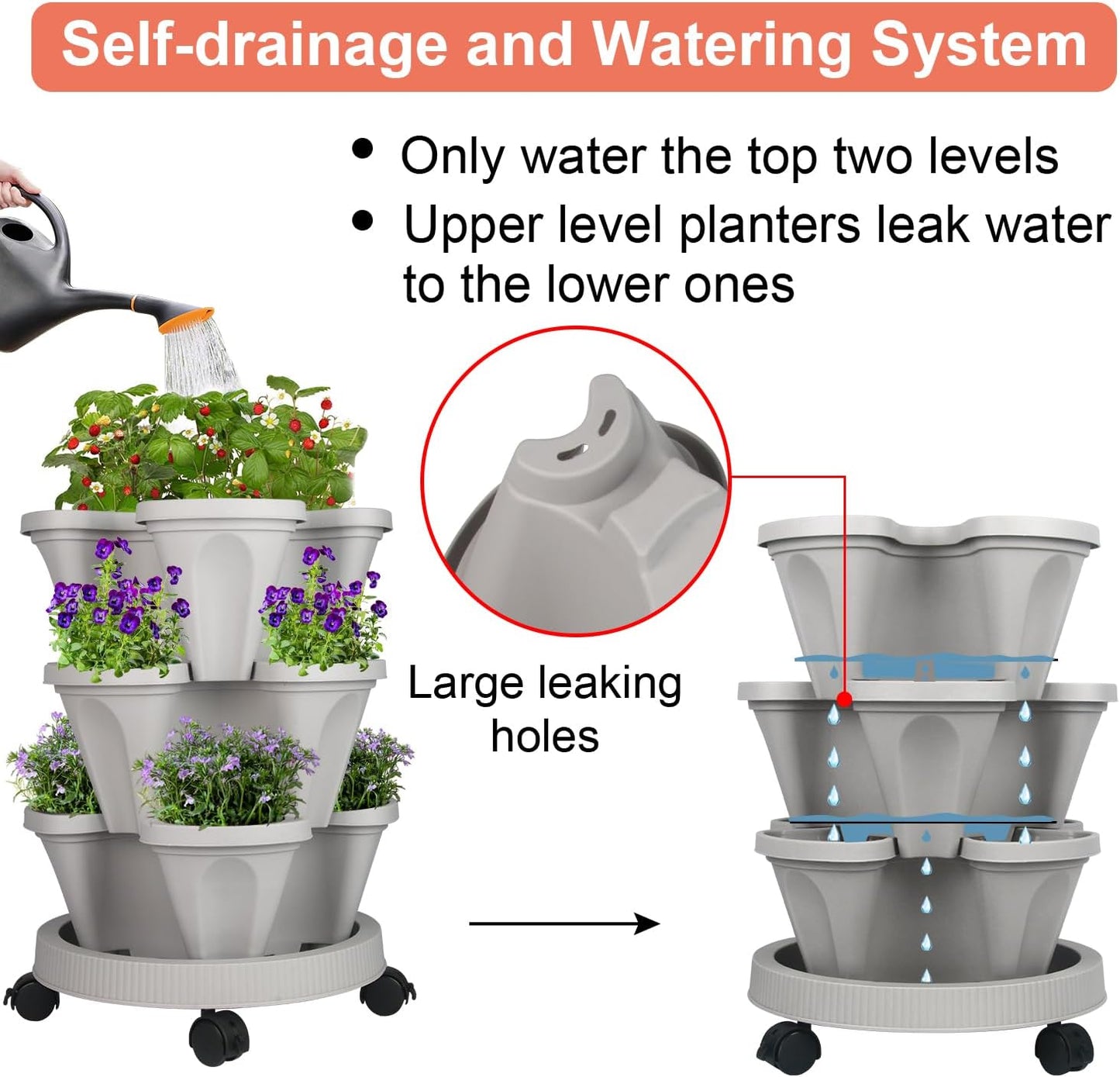 Vertical Planter 3 Tier Stackable Planters Garden Planters Strawberry Herb Flower and Vegetable Planter Indoor Outdoor Gardening Pots with Removable Wheels and Tools