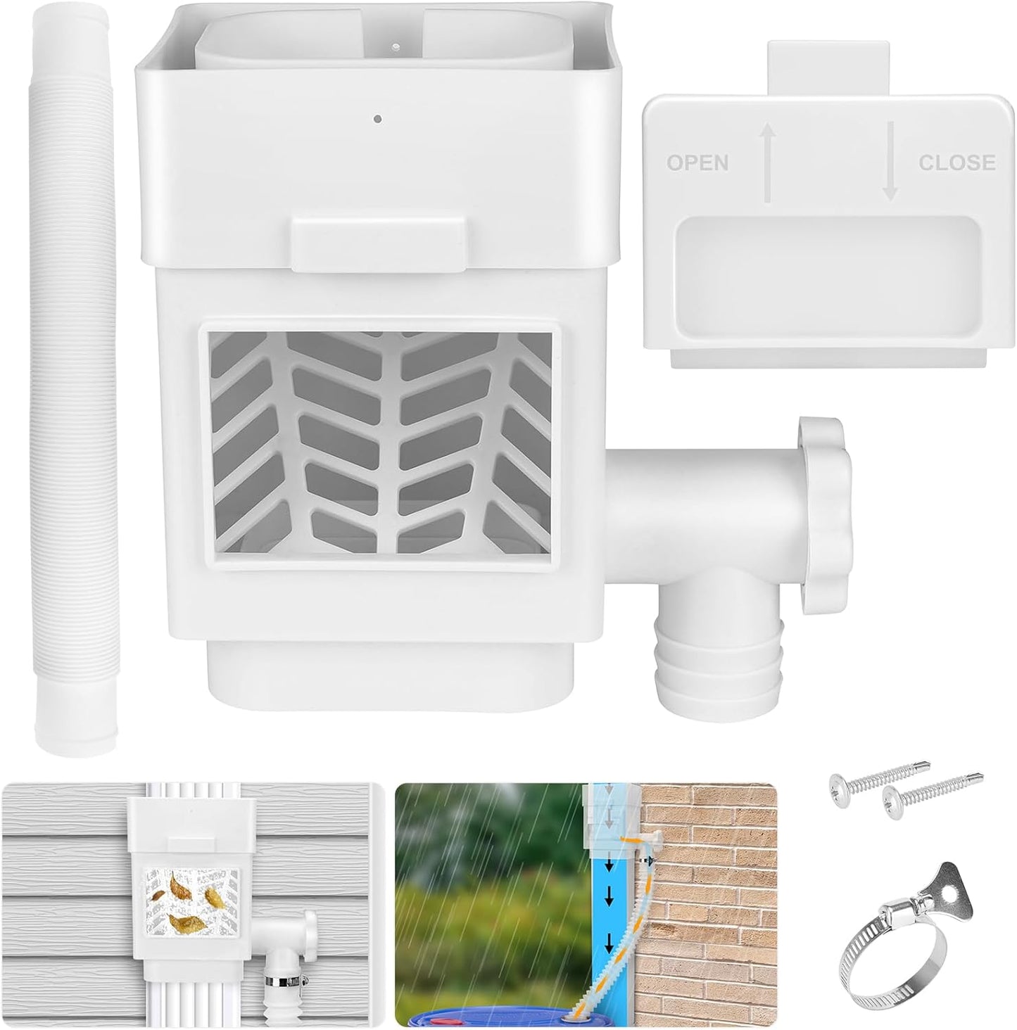 WADEO Rainwater Collection System, Downspout Diverter Fits for 2"x 3" or 3"x 4" Residential Downspouts, Rain Barrel Diverter Kit with Adjustable Valve and Filter, 5FT Hose, White