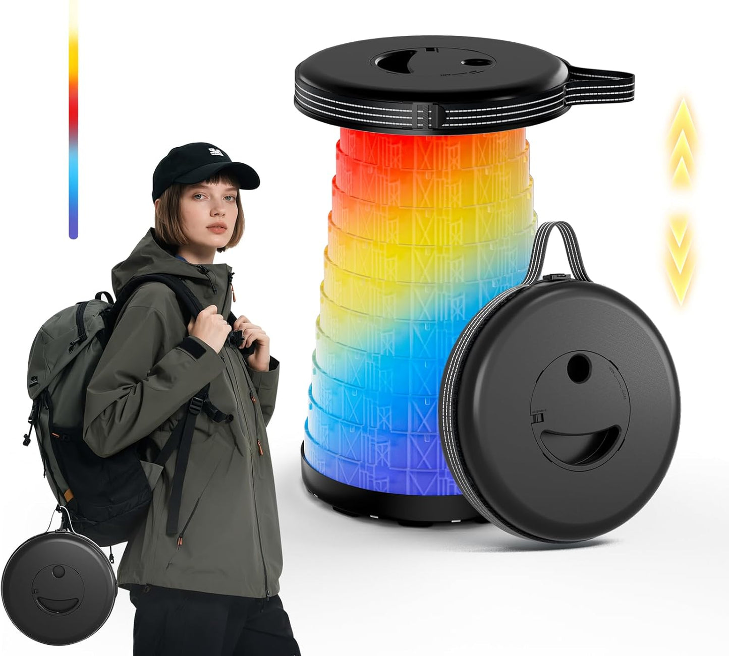 LED Light Up Camping Stool - 450lbs Weight Capacity & Adjustable Height (10 Levels), Compact Folding Chair Stool for Fishing, Hiking, Stadium, Outdoor Events