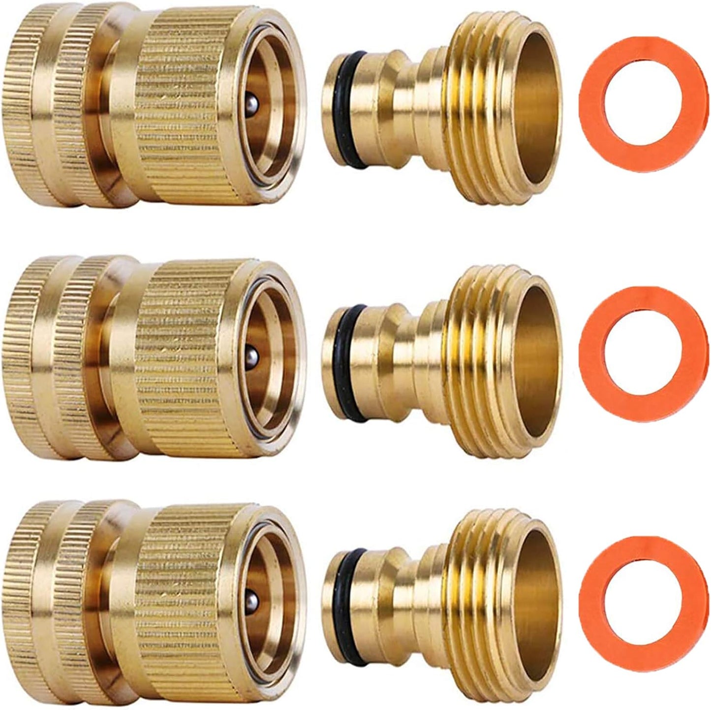 Garden Hose Quick Connectors, Solid Brass 3/4 inch GHT Thread Easy Connect Fittings No-Leak Water Hose Male Female Value Pack (3)