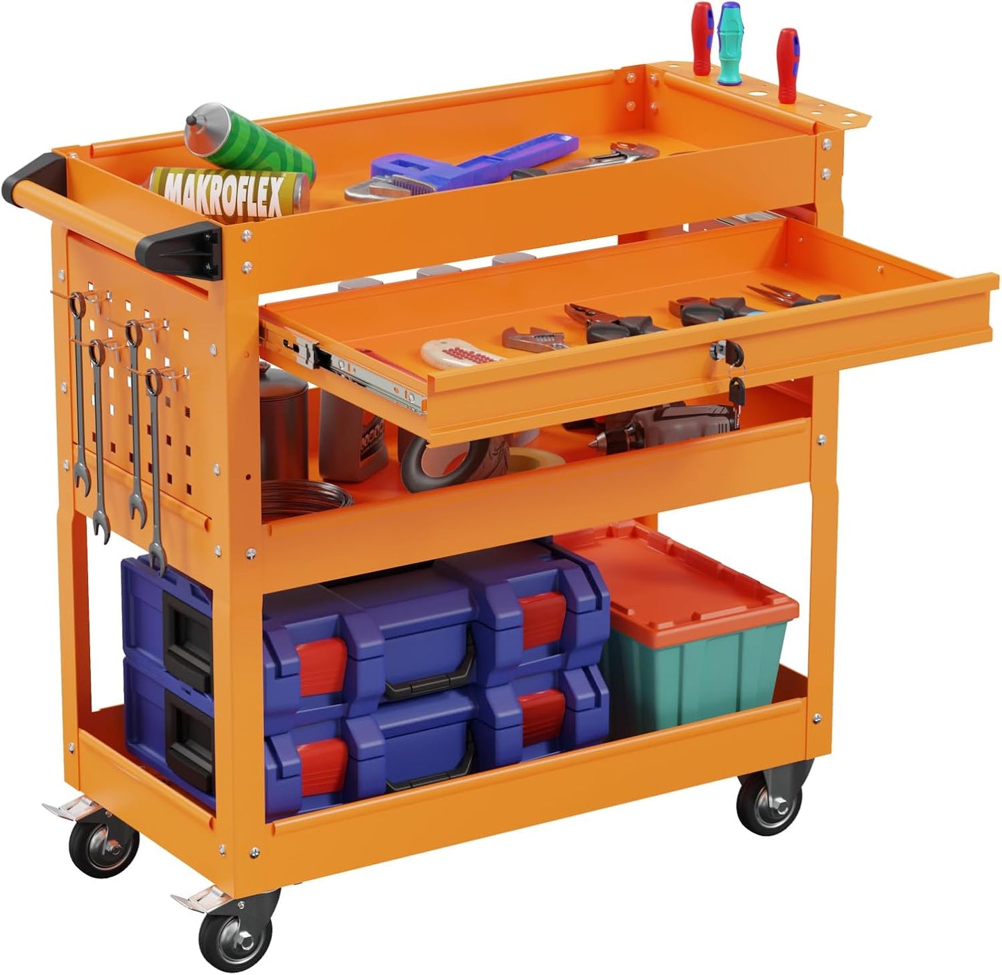3-Tier Heavy Duty Utility Cart on Wheels, Rolling Tool Cart on Wheels with a Drawer, 350 Lbs Load Capacity Service Cart for Warehous, Garage and Repair Shop (Orange)