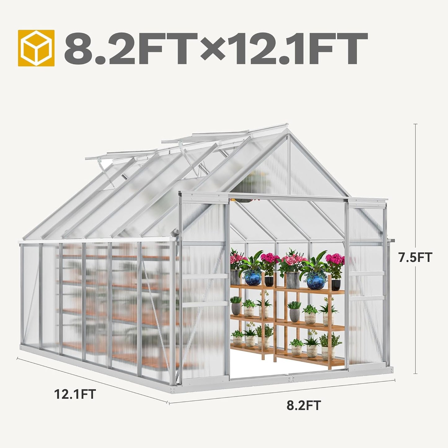 DWVO 8x12FT Polycarbonate Greenhouse Heavy Duty Green Houses Outdoor Aluminum Greenhouses with Sliding Doors Vent Window Walk-in Greenhouse Large Sun House for Garden Backyard, Matte Sliver