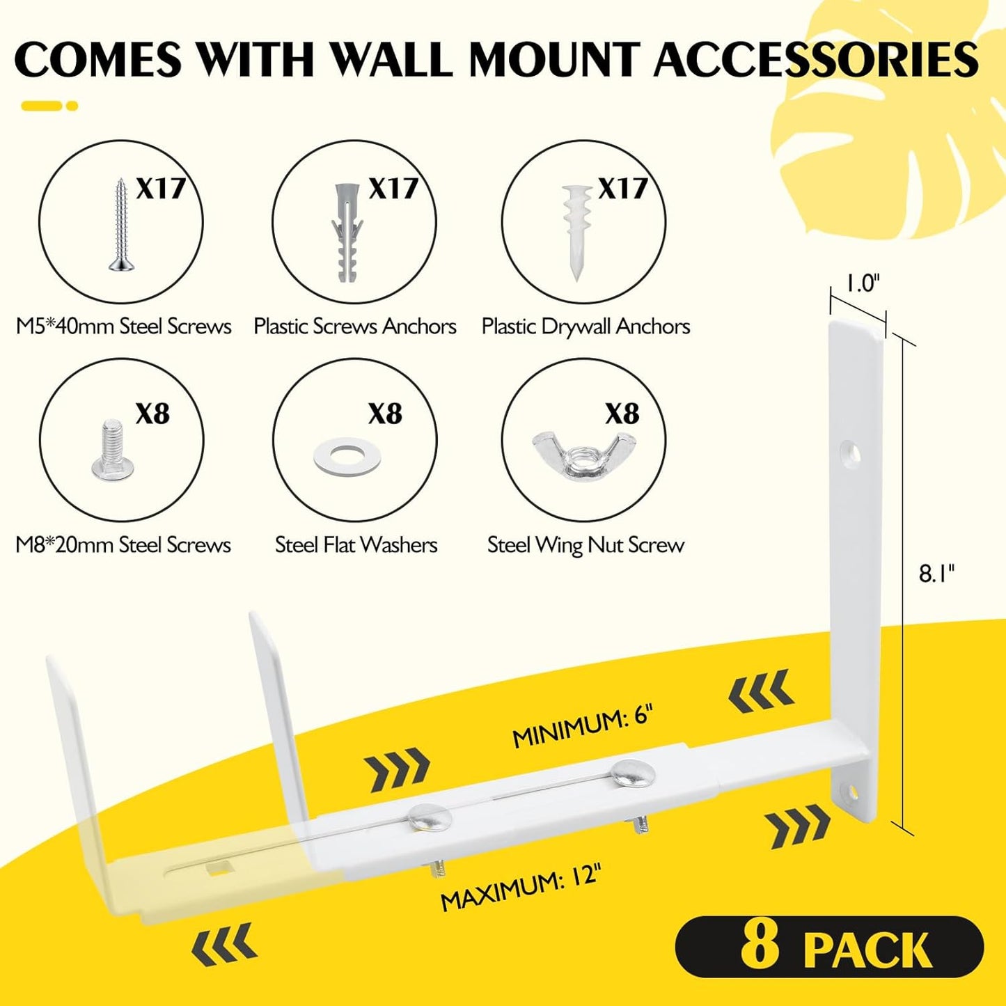 LukLoy Window Planter Box Brackets, 8 Pack Adjustable Heavy Duty Wall Mount Window Flower Boxes Outdoor with Bracket (6 to 12 in), with 70lbs Capacity, White