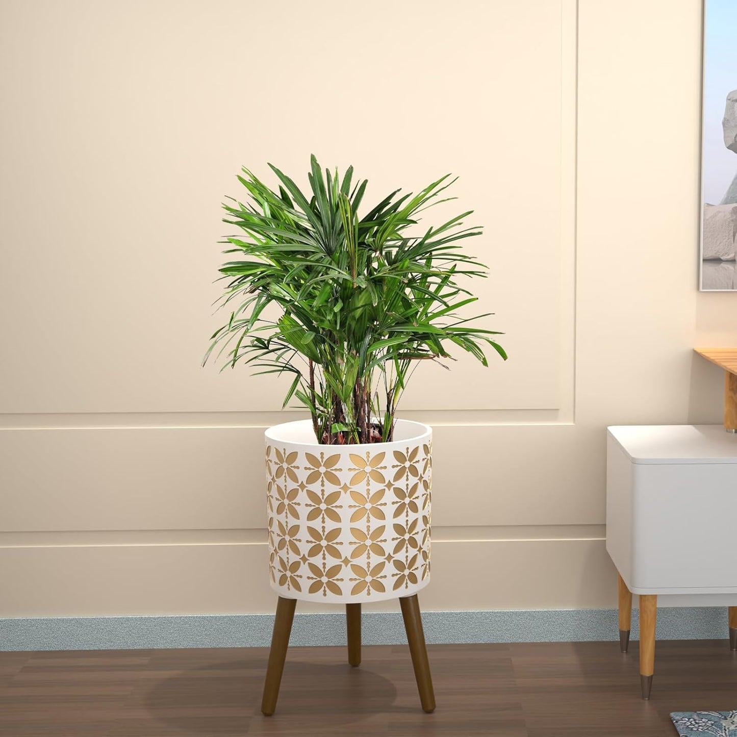 nacltlo12 Inch Planter with Stand,Plant Pot for Indoor Plants,Modern Mid-Century,Large Flower Planter Pot with Drainage Holes for Outdoor,White and xGold