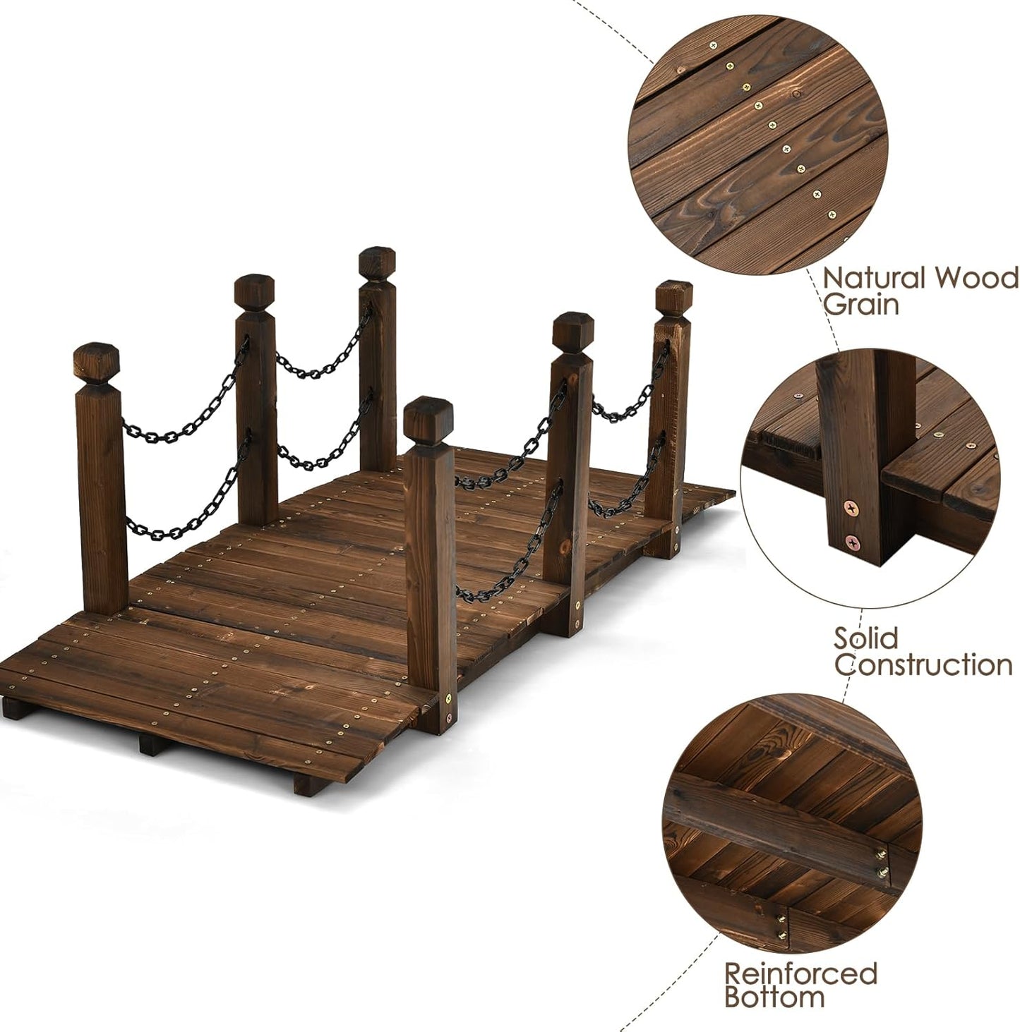 Tangkula 5 FT Wooden Garden Bridge, Arc Footbridge w/Safe Chain Railings, Outside Small Arc Pond Bridge, Decorative Fir Bridge for Landscaping Garden, Pond, Stream, Courtyard, Holds up to 400 LBS