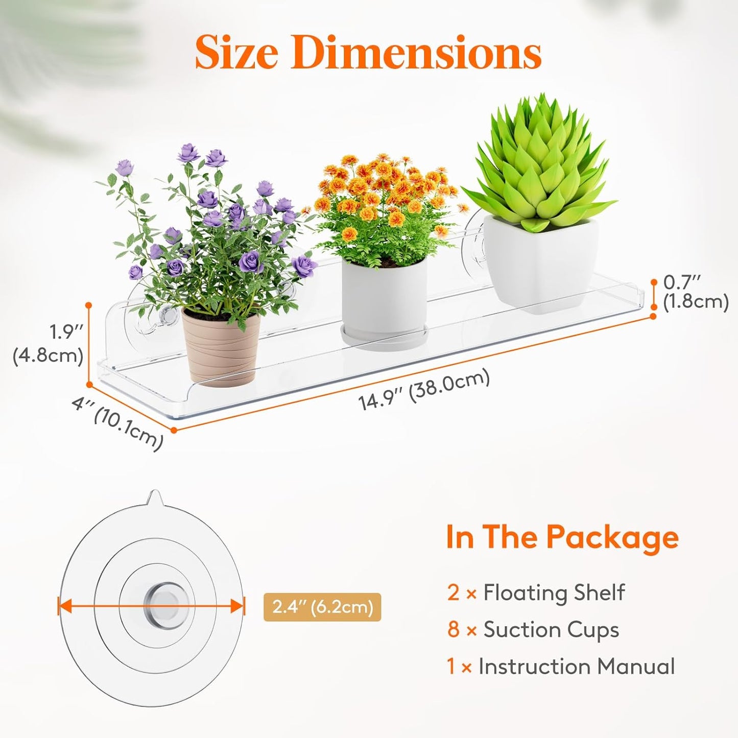 Lifewit Window Plant Floating Shelves 15 x 4 inch, 2 Pack Acrylic Suction Cup Shelf, Window Sill Extender for Indoor Succulent Plants, Micro Greens, Seed Starter Pots, Herb Planters