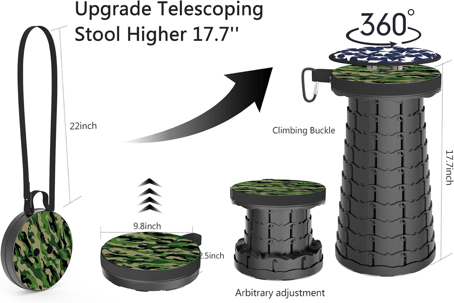 ALEVMOOM Upgraded Telescoping Collapsible Stool with Cushion, Folding Stool with Printing Portable Retractable Foldable Seat Max Load 550lbs for Adults Camping Fishing Outdoor