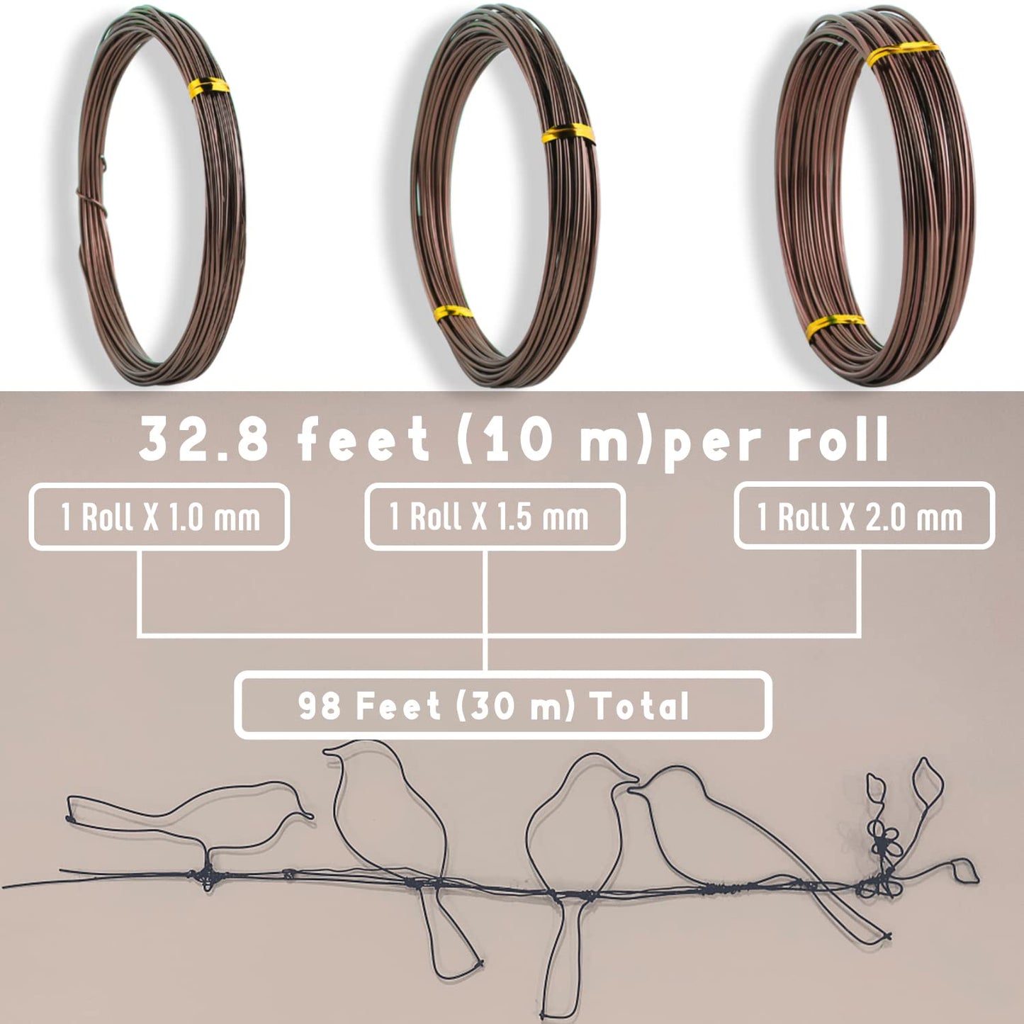 Sanlykate Bonsai Wire Tool Kit with Cutter, 3 Roll Tree Training Wires 98 Feet Total, 1.0mm, 1.5mm, 2.0mm Anodized Aluminum Wire Set, Hold Plant Branches Trunks - Brown