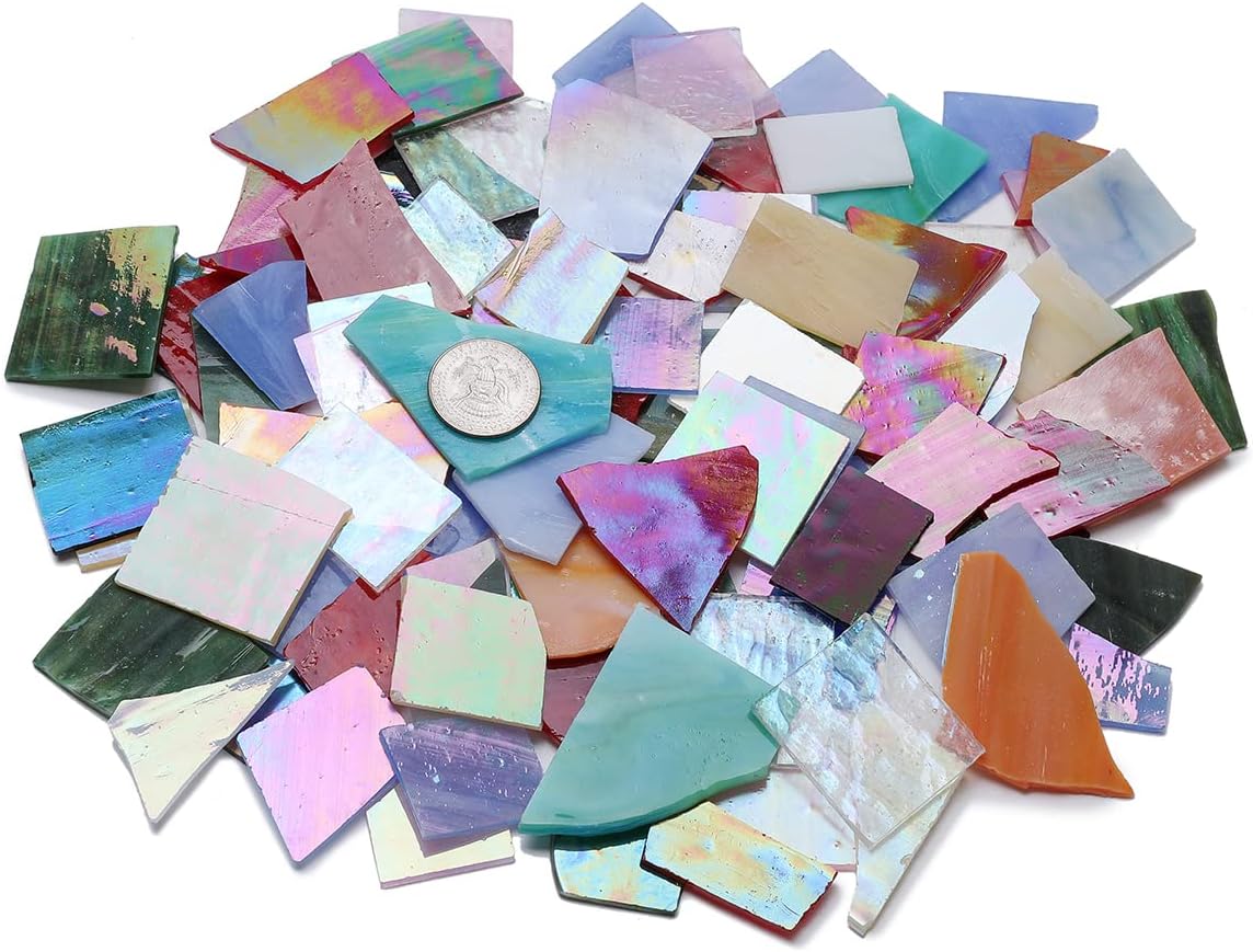Lanyani Iridescent Stained Glass Pieces for Crafts and Decoration,Variety Irregular Broken Stained Glass Mosaic Tile Scraps,1Kg/35oz Pack