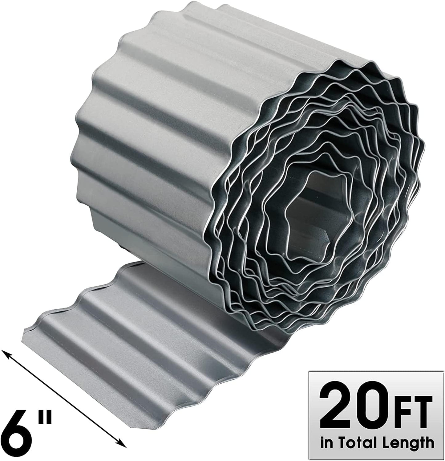 Worth Wide-Corrugated Galvanized Steel Landscape Edging, 6" x 20Ft Flexible Sturdy Lawn Garden Metal Edging Long Strips for Raised Flower Bed Tree Surrounds,Silver