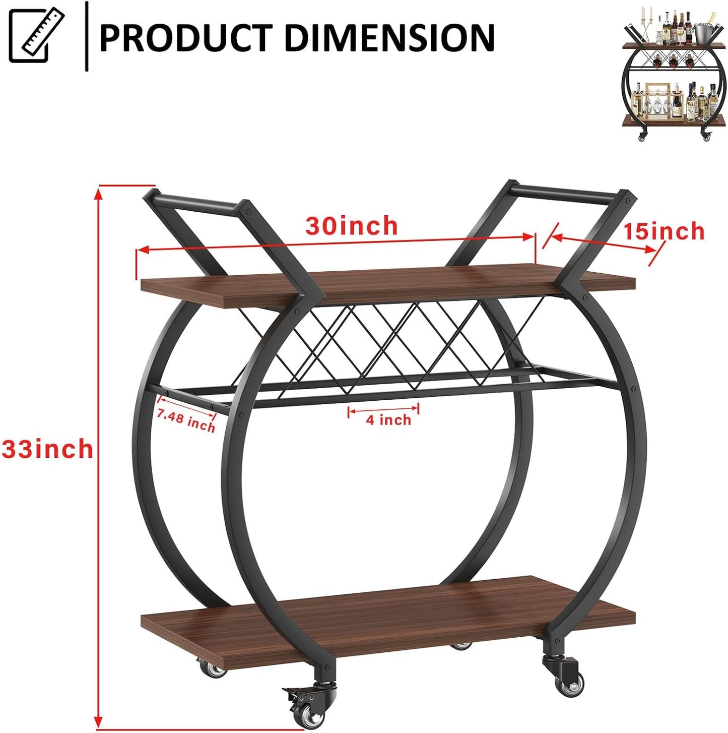 LVB Modern Gold Bar Cart, Industrial Rolling Serving Wine Cart with Wine Rack, Coffee Liquor Drink Cart with Storage and Wheels, Wood and Metal Kitchen Microwave Beverage Cart for Home, Walnut