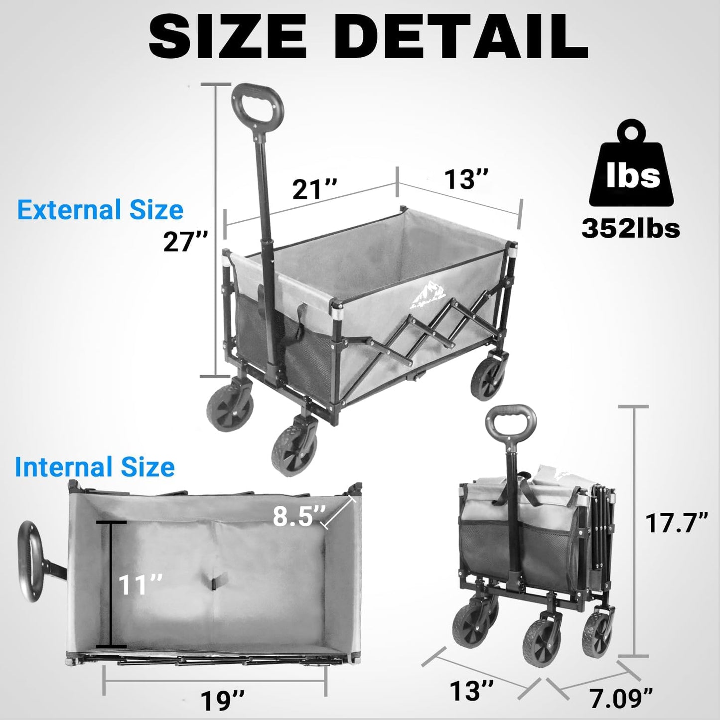 Collapsible Wagon 352LBS Capacity, Foldable Large Carts, Heavy Duty Outdoor Folding Cart with All-Terrain Wheels, Utility Garden Beach Wagon with Storage Bag Green
