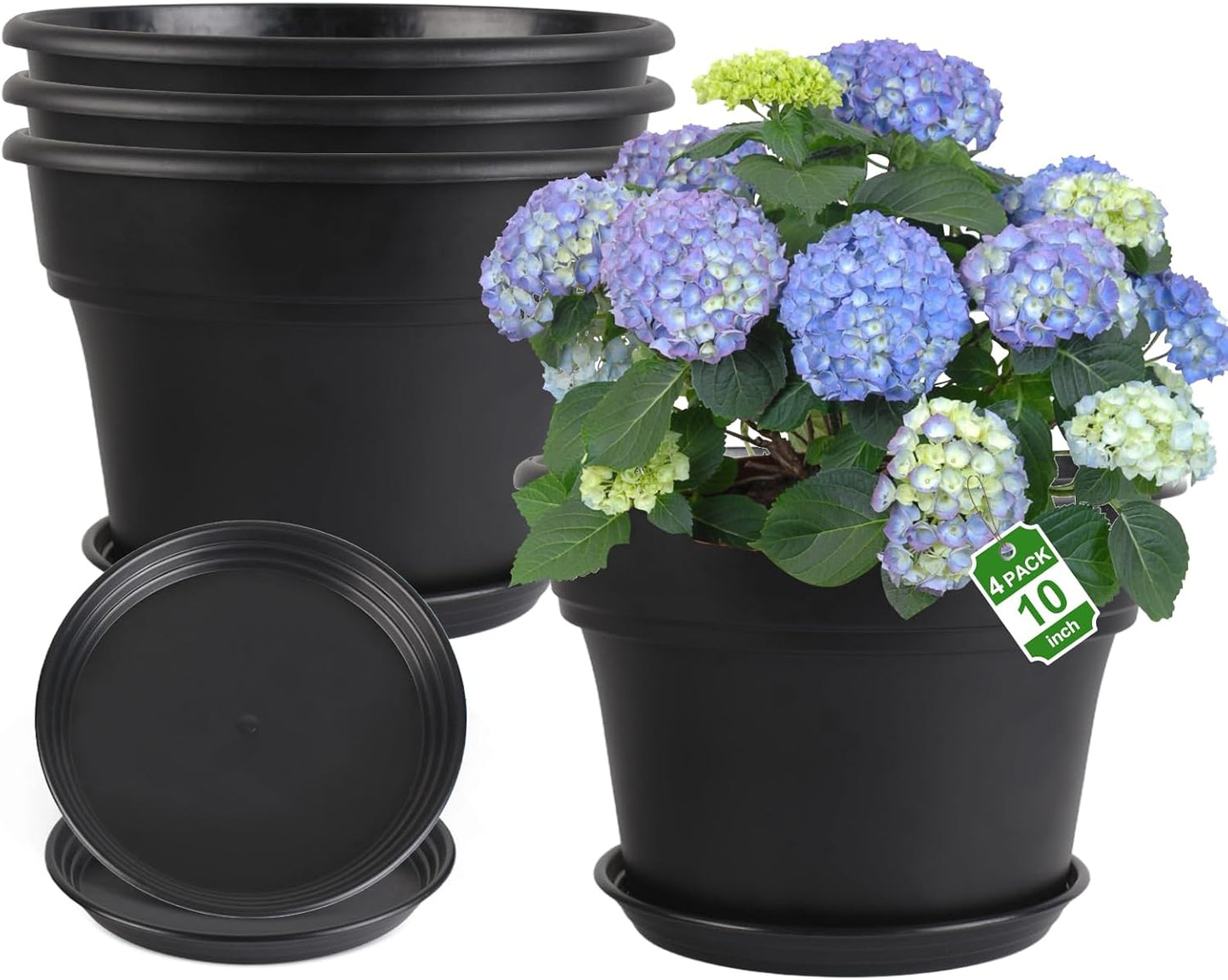 10-inch-Plant-Pots-Indoor-Outdoor, 4 Pack Plastic Planters with Drainage Holes & Saucers, Resin Flower Pots with Trays, Classic Garden Pot Container for House