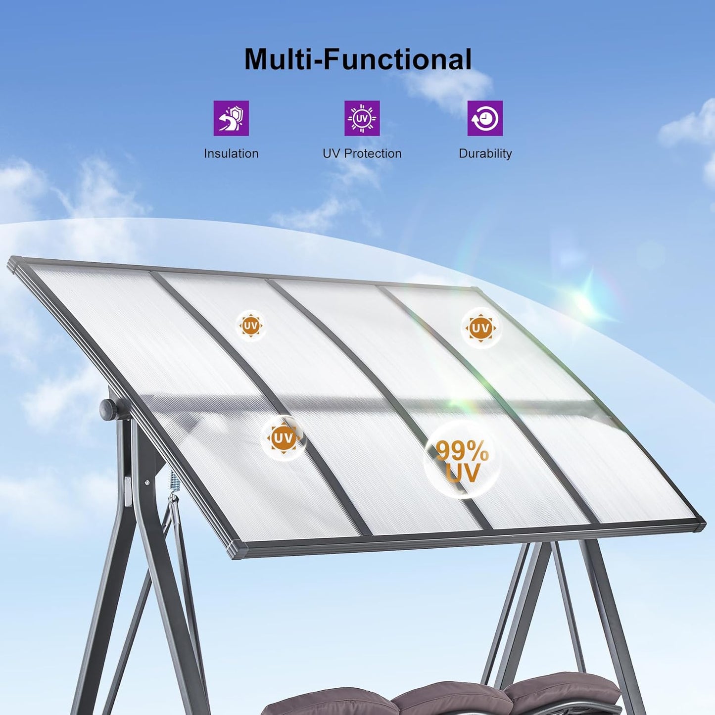 PURPLE LEAF Outdoor Patio Porch Swing with Adjustable PVC Canopy, 3-seat Swing Chair Bench with Side Cup Holder for Backyard Front Porch Lawn, Cushions and Pillow Included, Grey