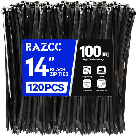 Zip Ties, RAZCC 120 Pack 14 inch Black Cable Ties, Heavy Duty Plastic Wire Ties with 100 lb Tensile Strength, Black Nylon Zip Ties for Indoor and Outdoor