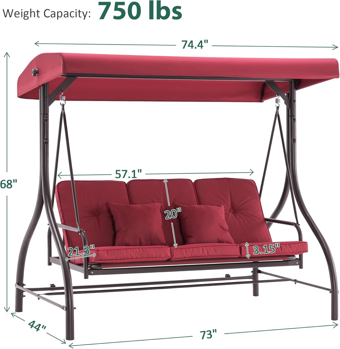 MCombo 3-Seat Outdoor Patio Swing Chair, 2-in-1 Convertible Porch Swing Glider Chair with Removable Cushions, Adjustable Canopy & Pillows for Backyard, Deck, Garden, 4068 (Burgundy)