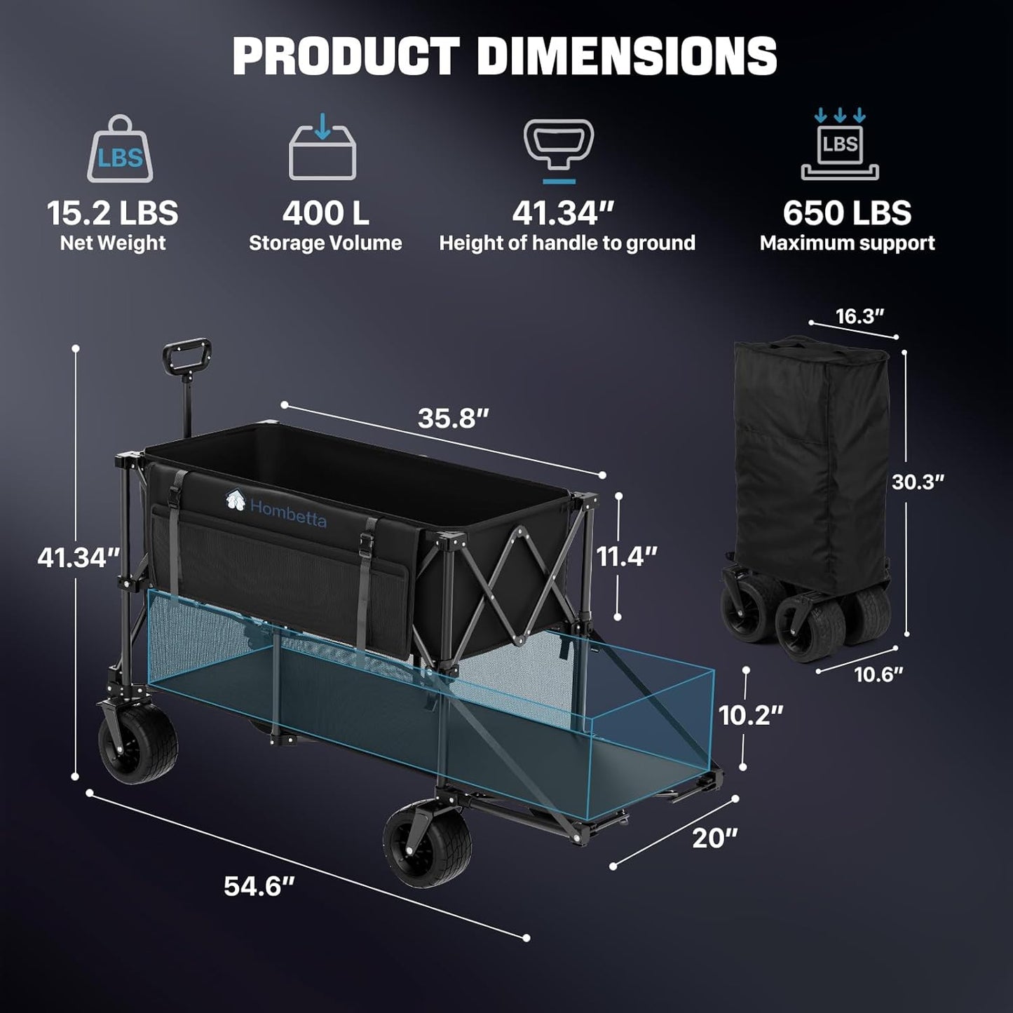 Folding Double Decker Wagon, 560LBS Heavy Duty Utility Cart with Brakes, 400L Wagon Cart with Wheels Foldable, All-Terrain Big Wheels for Camping, Beach, Picnic, Outdoor Use, Black