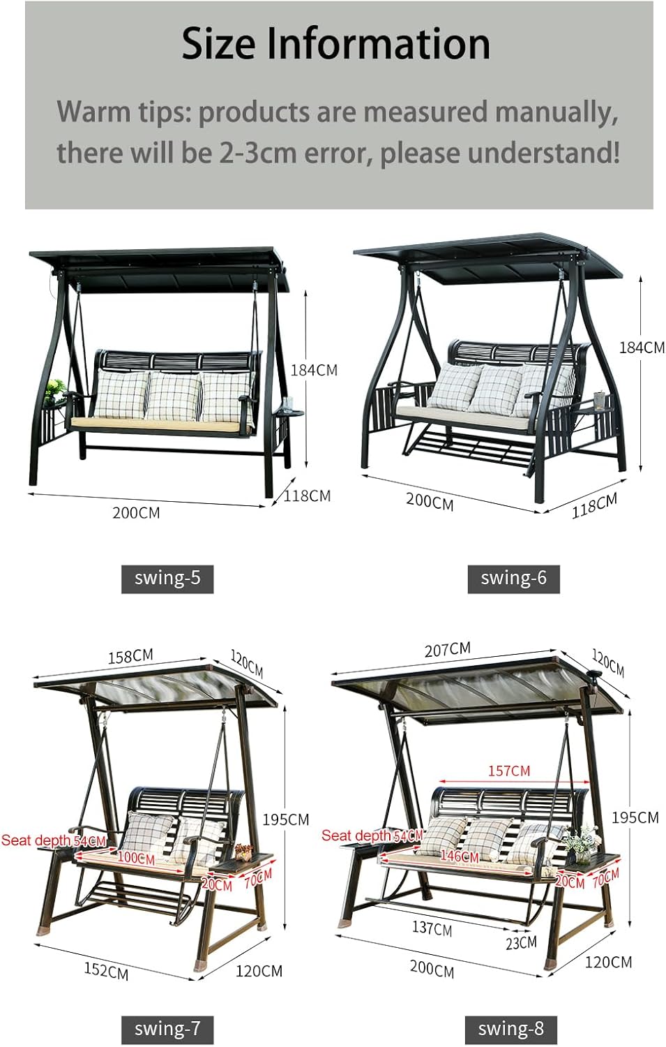 2/3-Seat Outdoor Patio Porch Swing with Adjustable Aluminum Alloy Canopy Solar Patio Swing Chair Bench with Footrest Side Cup Holder for Backyard Lawn (Manchester Without Footrest-3 Seat)