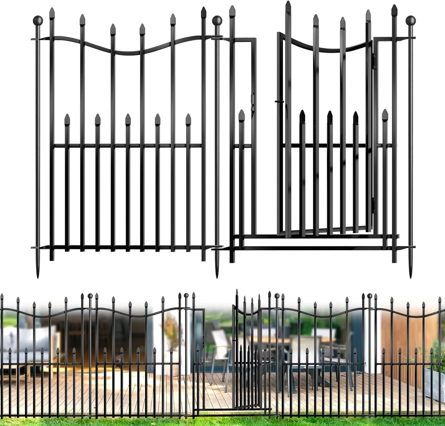 5 Panels No Dig Decorative Garden Fence with Gate, 32in(H) × 11ft(L) Heavy-Duty Rustproof Metal Panels, Outdoor Dog Barrier for Yard & Patio, Landscape, Border| Portable Temporary Fencing