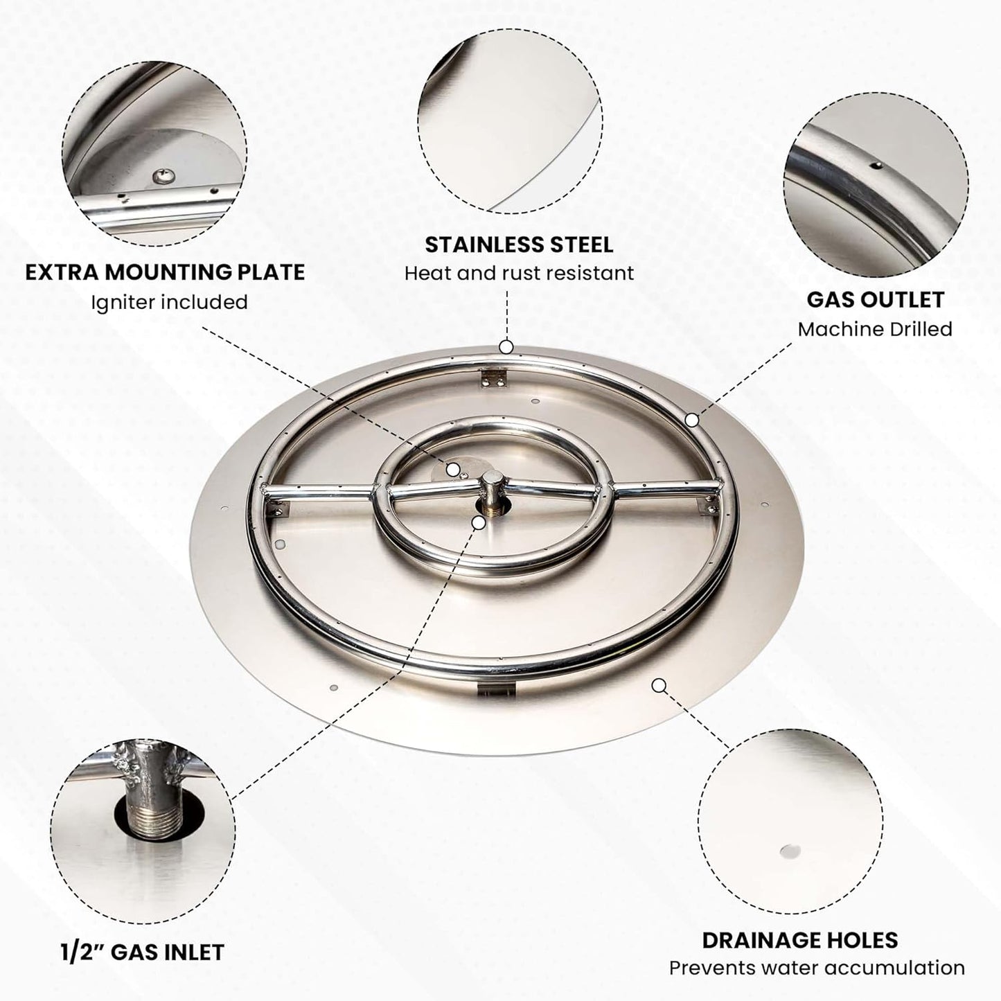 Stainless Steel Fire Pit Burner Pan & Ring Pro Kit for Natural Gas, 22-Inch Pan, 18-Inch Ring, 150,000 BTU Max