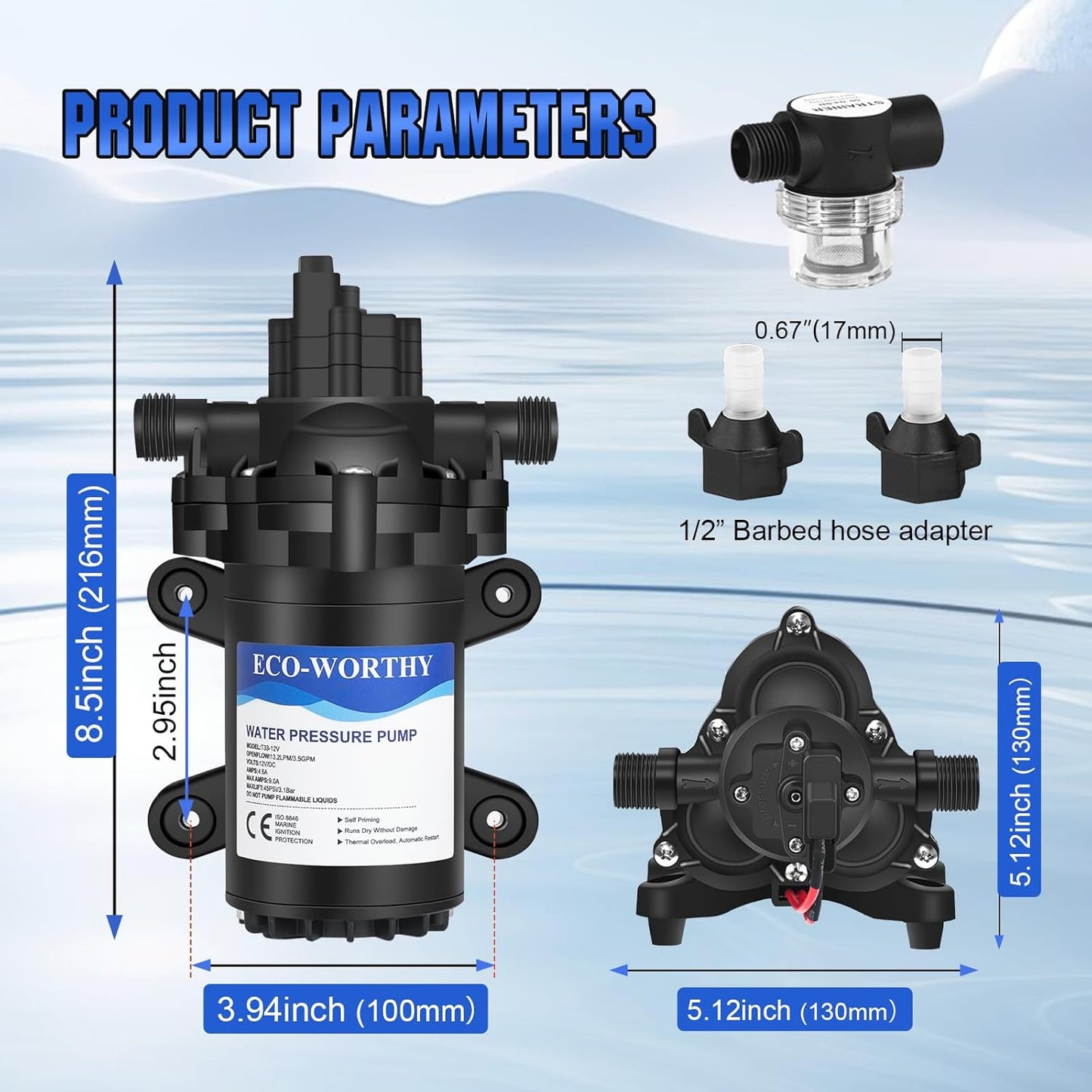 ECO-WORTHY RV Water Pump 12Volt 3.5GPM 50PSI 12V Fresh Diaphragm Pump with Pressure Switch and Self-Priming for RV Yacht Garden Sprayer Food Truck
