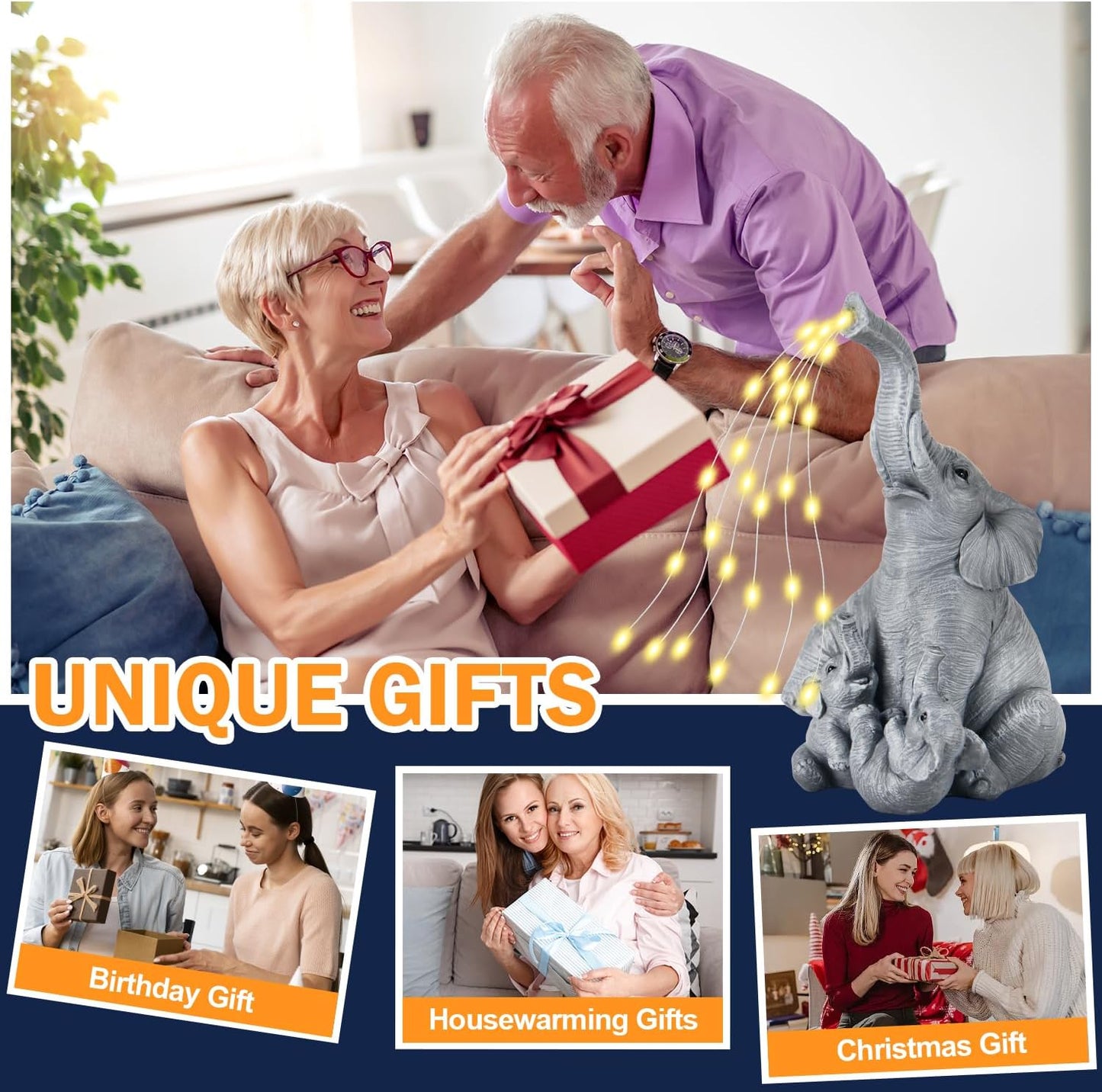 Solar Garden Decor Statue – Outdoor Unique Elephant Family Resin Figurine for Patio, Yard, Lawn, Balcony – IP65 Waterproof Elephant Ornament, Birthday Gifts for Mom, Grandma, Women