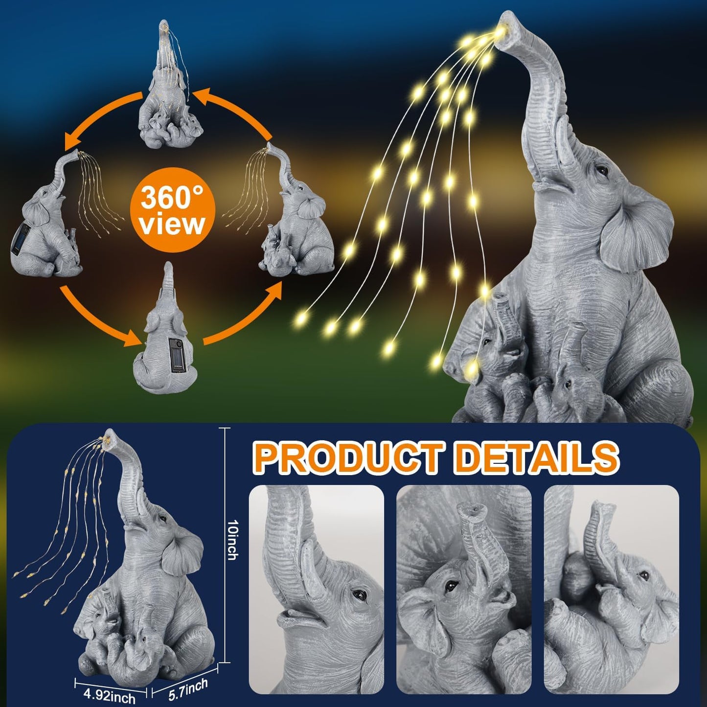Solar Garden Decor Statue – Outdoor Unique Elephant Family Resin Figurine for Patio, Yard, Lawn, Balcony – IP65 Waterproof Elephant Ornament, Birthday Gifts for Mom, Grandma, Women
