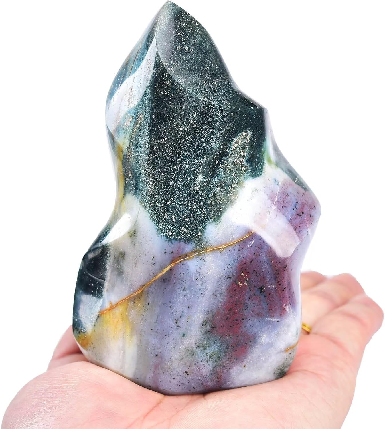AMOYSTONE Ocean Jasper Flame Shaped Stone Towers Obelisk Natural Healing Crystal Quartz Reiki Energy Decoration Home Office Decor 1.0-1.5LBS
