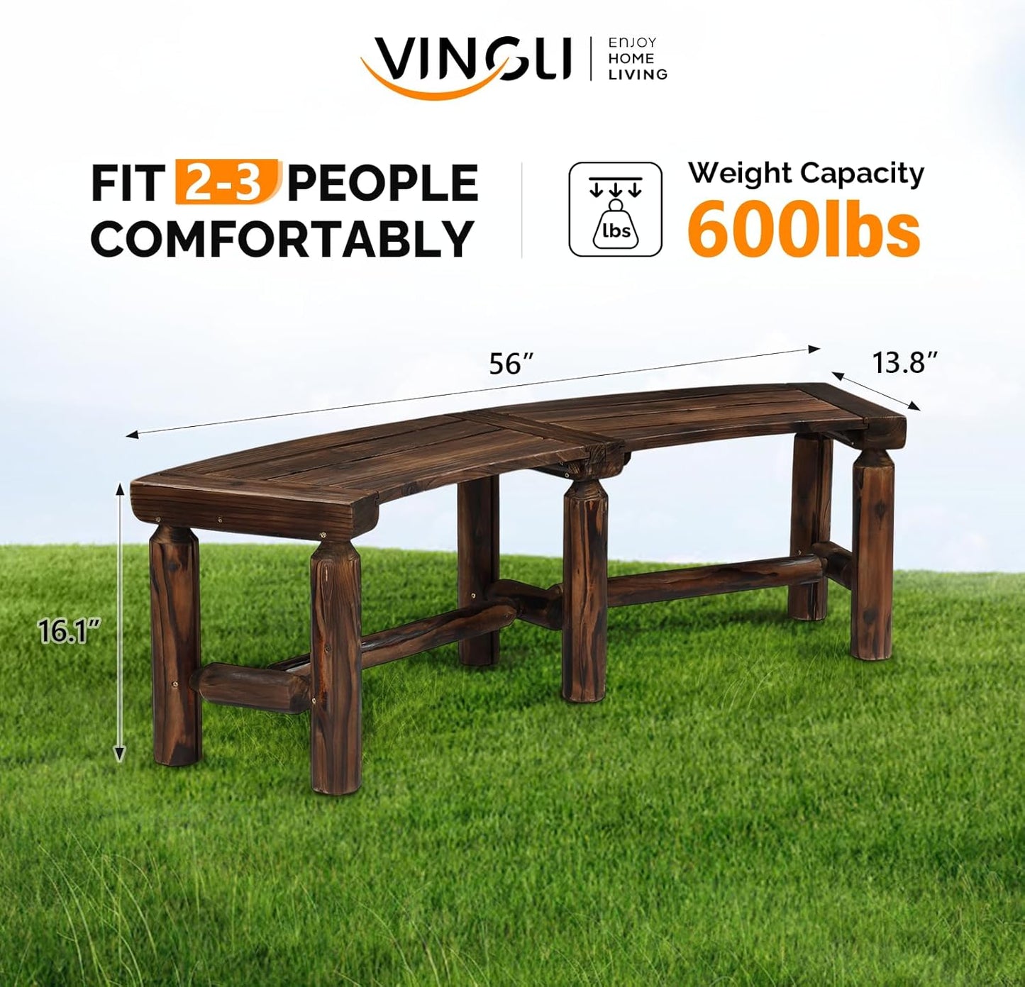 VINGLI Outdoor Bench Wooden Curved Bench, All-Weather Fire Pit Backless Patio Bench, 2-Person Seating Rustic Garden Bench for Backyard Porch Deck Entryway (Carbonized)