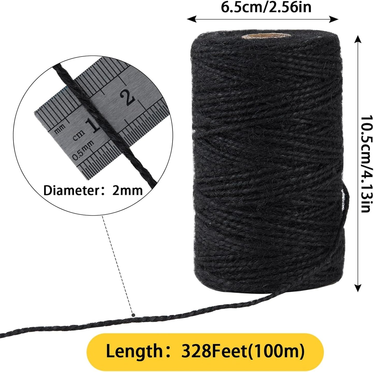 2mm 328 Feet Black Natural Jute Twine, for Crafts Gift, Craft Projects, Wrapping, Bundling, Packing, Holiday Packaging Twine, Gardening and More, Jute Rope to Use Around The House and Garden