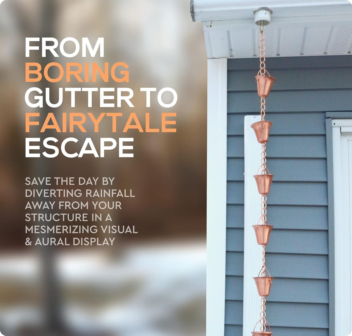 Copper Rain Chain – Decorative Chimes & Cups Replace Gutter Downspout & Divert Water Away from Home for Stunning Fountain Display – 3’ Long for Universal Fit – Bell Style