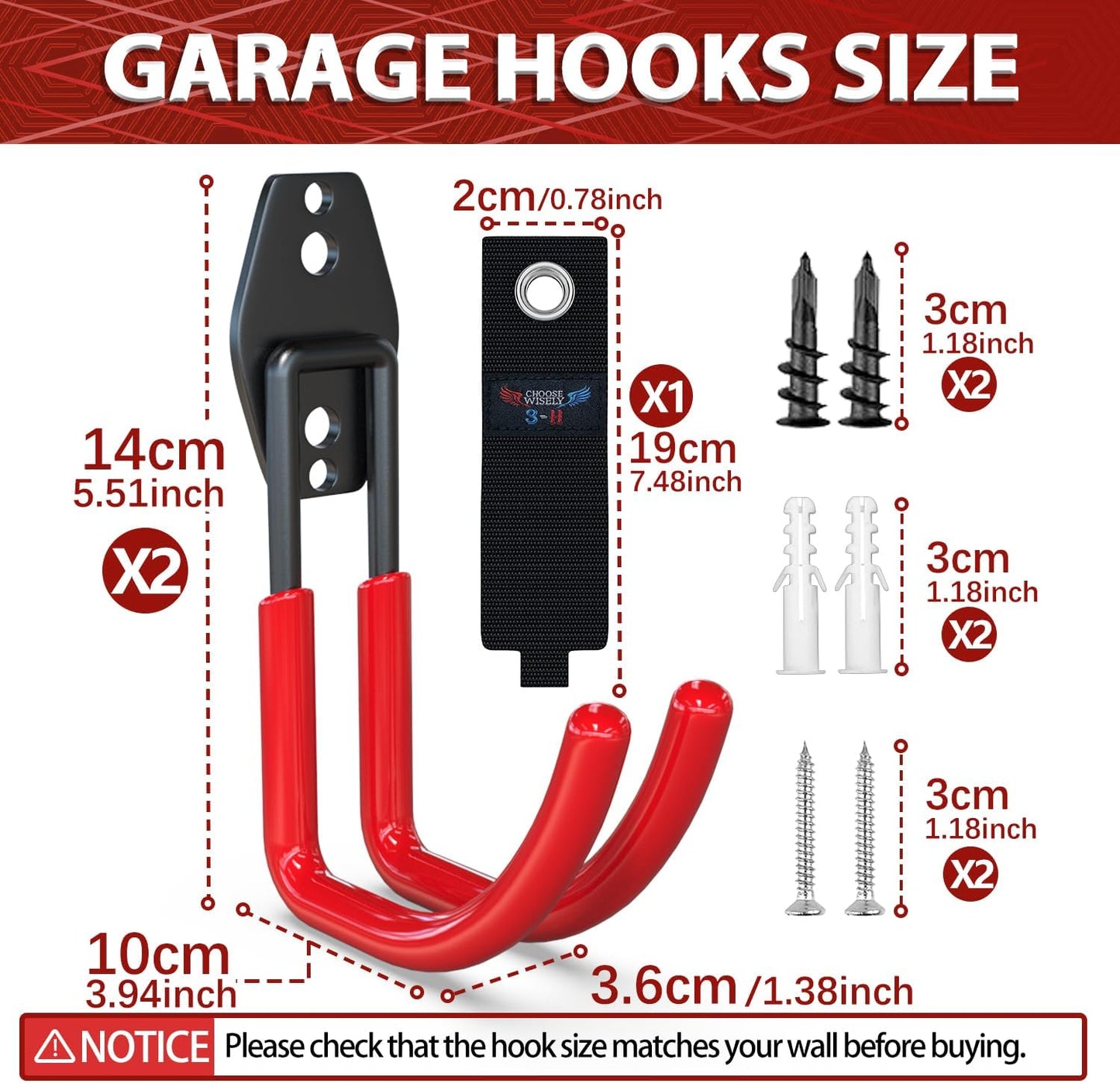 3-H Garden Hose Holder Wall Mount 2 Pack,Solid Steel Hose Hanger,Water Hose Holders for Outside,Perfect for Hanging Outdoor Air Hose,Ropes,Pipes,Garden Tools,Ladders,Bikes,Bulk Items(Red)