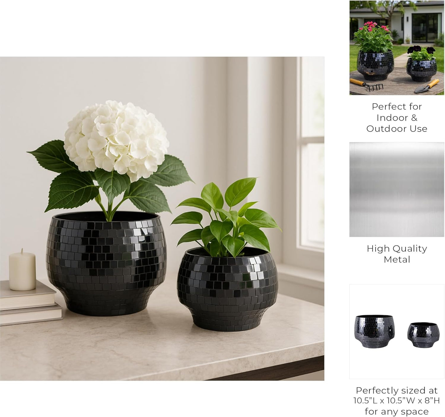 Flower Pots and Planters for Home Decor – Mosaic Indoor and Outdoor Plant Pots for Garden, Patio, or Room – Modern Pots for Indoor Plant Stand for Herbs, Succulents, or Ferns Set of 2 – 8", 6" Black