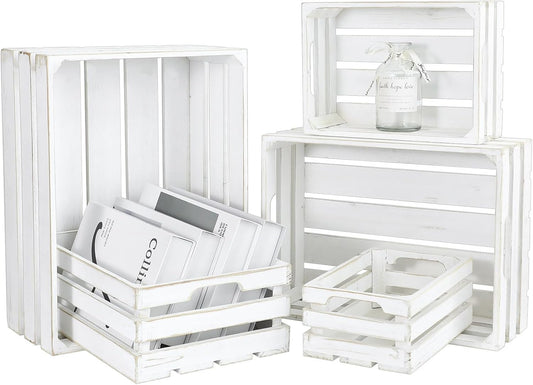 5-Piece Farmhouse Wooden Crate Set - Rustic Wooden Crates for Display and Storage, Large Whitewashed Decorative Crates, Farmhouse Apple Crates, Painted Wood Crates for Decor