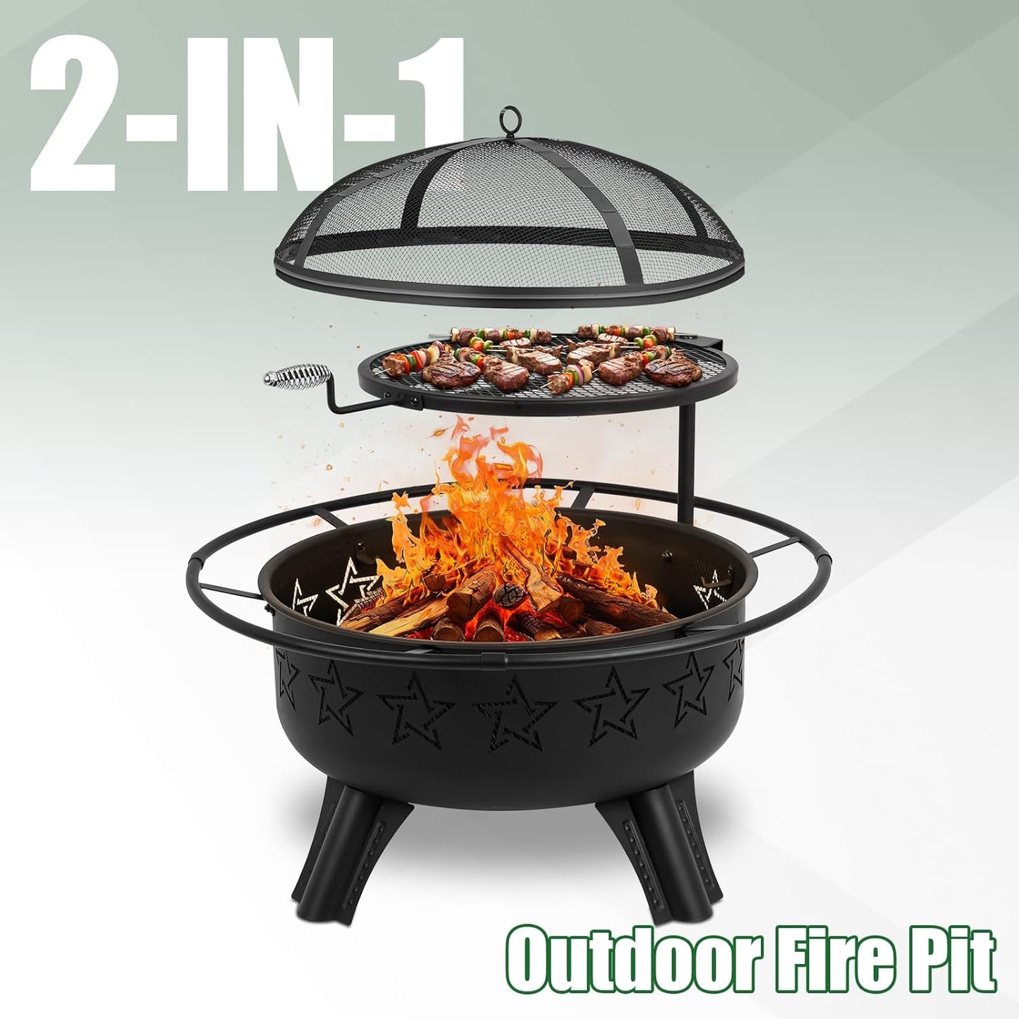 31" 2-in-1 Wood Burning Fire Pit with Swivel BBQ Grills & Spark Screen for Outside - Heavy Duty Outdoor Firepit with Charcoal Pan, Log Rack & Poker - for Backyard, Patio, Garden Bonfire