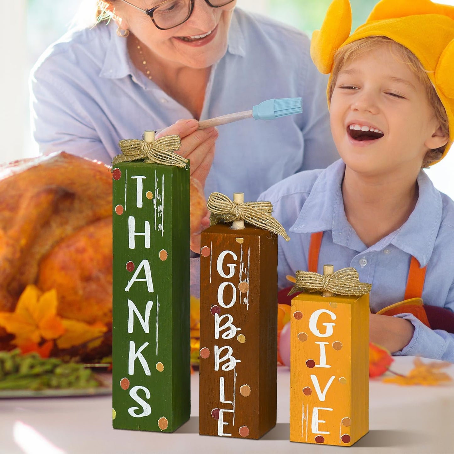 Smile Thanksgiving Decor Indoor Wooden Sign, Give Thanks Gobble Decor for Rustic Farmhouse Home, Thanksgiving Table Tiered Tray Kitchen Decorations.