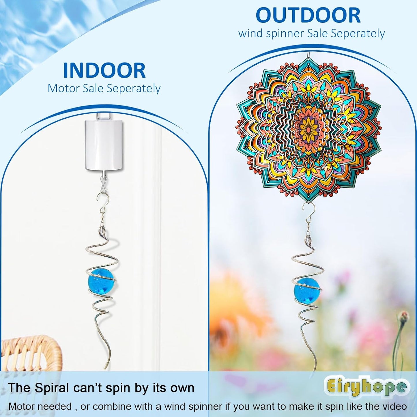 Gazing Ball Wind Spinner Spiral Tail with Blue Glass Orb | Creates Captivating Visual Illusion in Spinning, 13In Wind Spinners Stabilizer | Hanging Rotating Art Outdoor Garden Decor & Gift