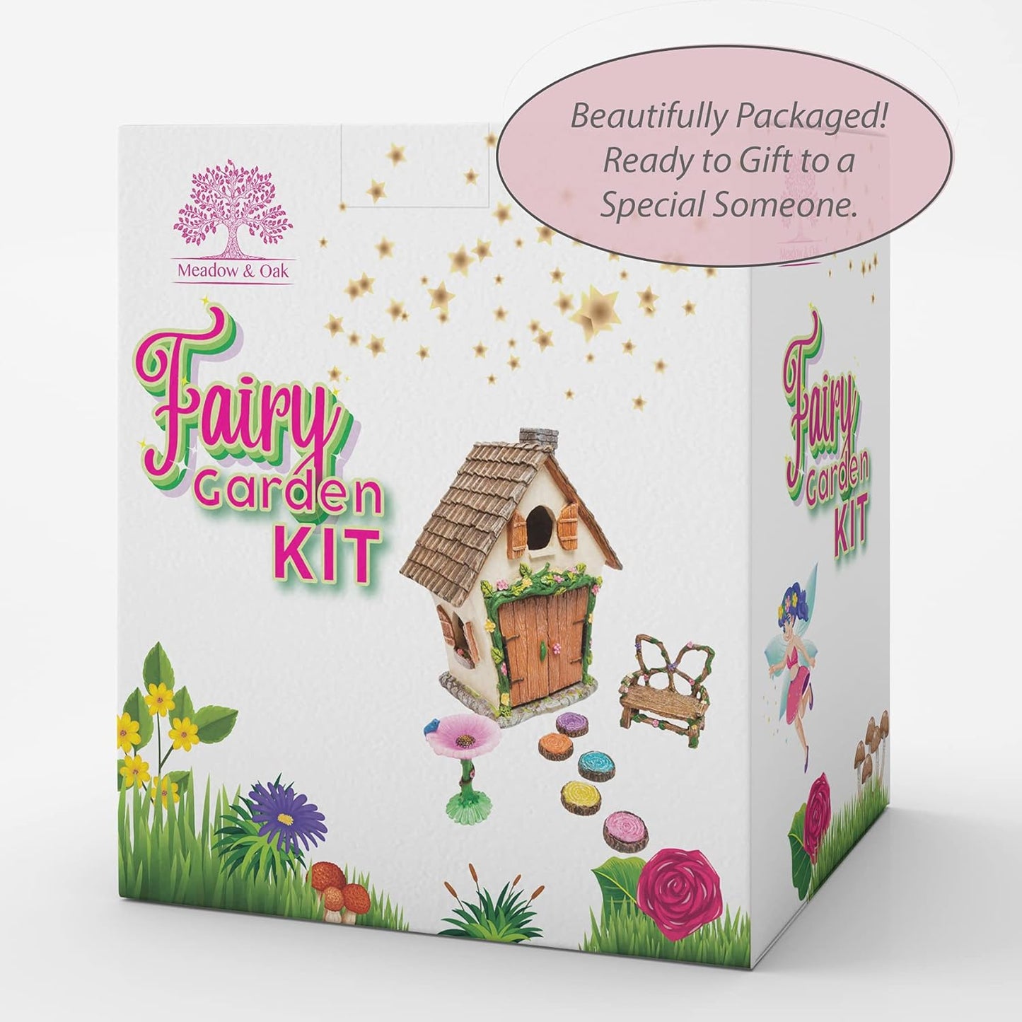 Meadow & Oak Fairy Garden House Kit - Complete with Fairy Garden Accessories, Butterly Seat, Bird Bath, Stepping Stones, Magnetic Door Closure for Indoor/Outdoor Fairy House