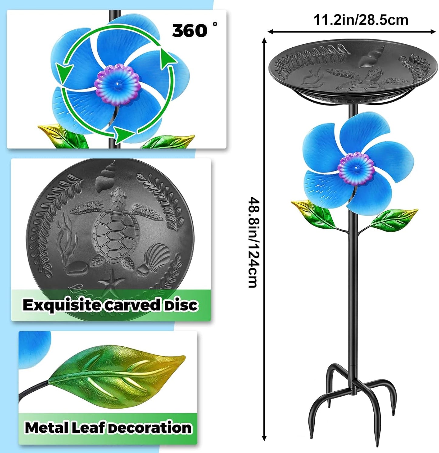 48.8“ Metal Bird Bath for Outside, Detachable Birdbath & Birdfeeder Feeder Bowl with Wind Spinner, Vintage Bird Baths for Outdoors Garden Yard Lawn Decor (Black+Windmill)