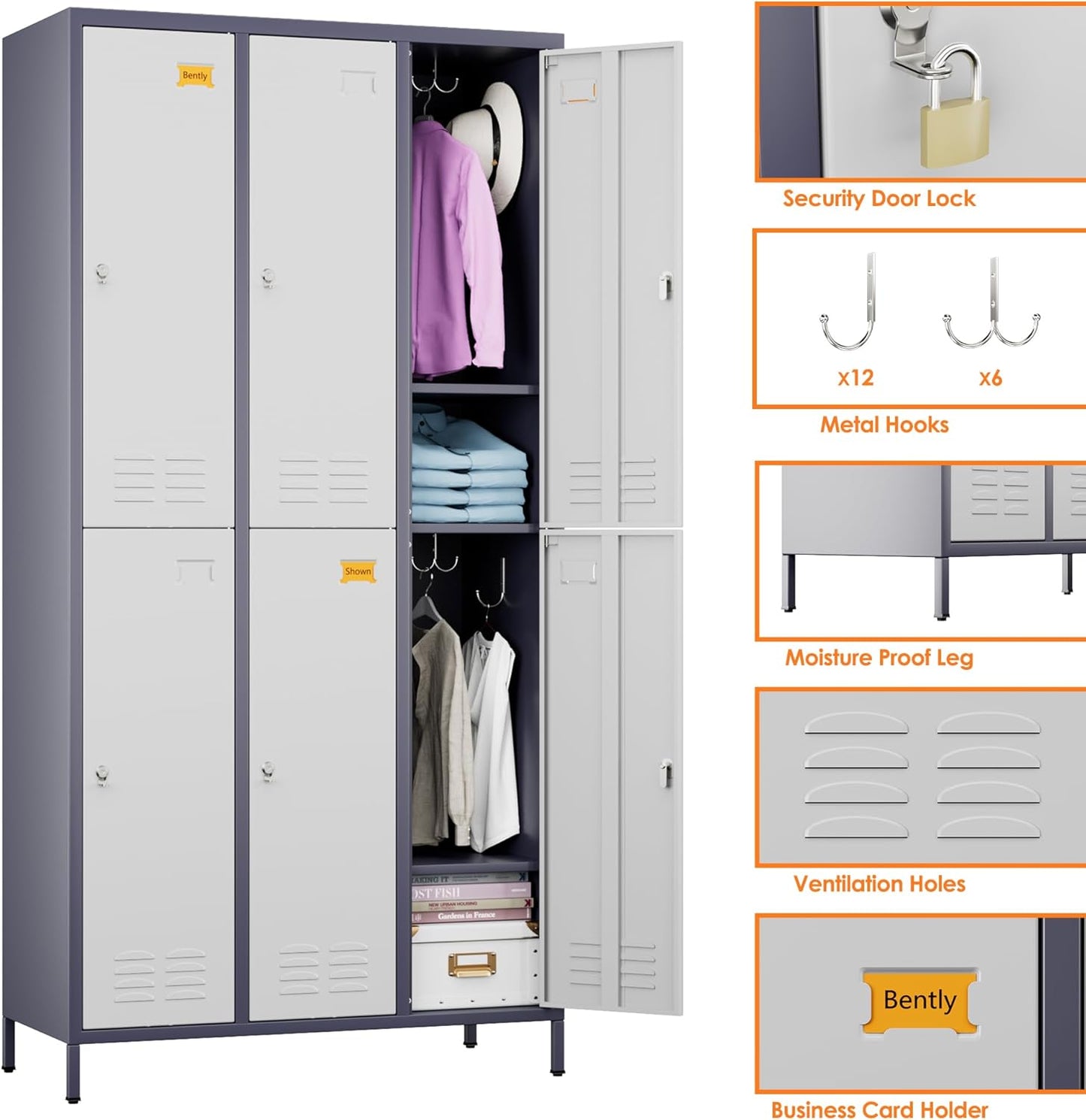 METAN Metal Locker for School Office Gym Bedroom,6 Doors Steel Storage Lockers Cabinet for Employees,Industrial Storage with 1 Shelf,Assembly Required,Gray White