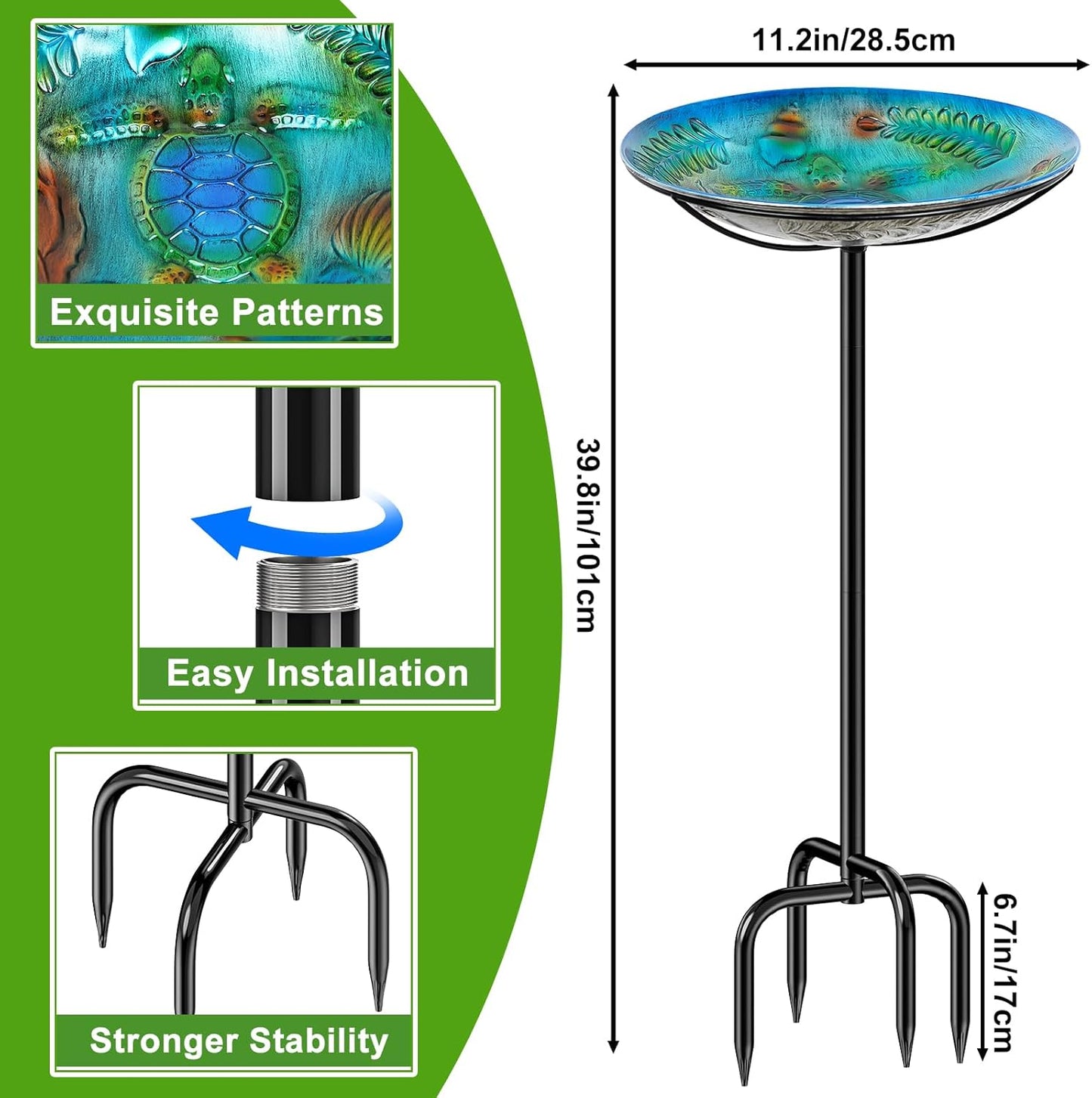 Metal Bird Bath for Outside Feeder Bowl, Detachable Birdbath & Birdfeeder with Base Stake, Vintage Bird Baths for Outdoors Garden Yard Lawn Decor (Blue)