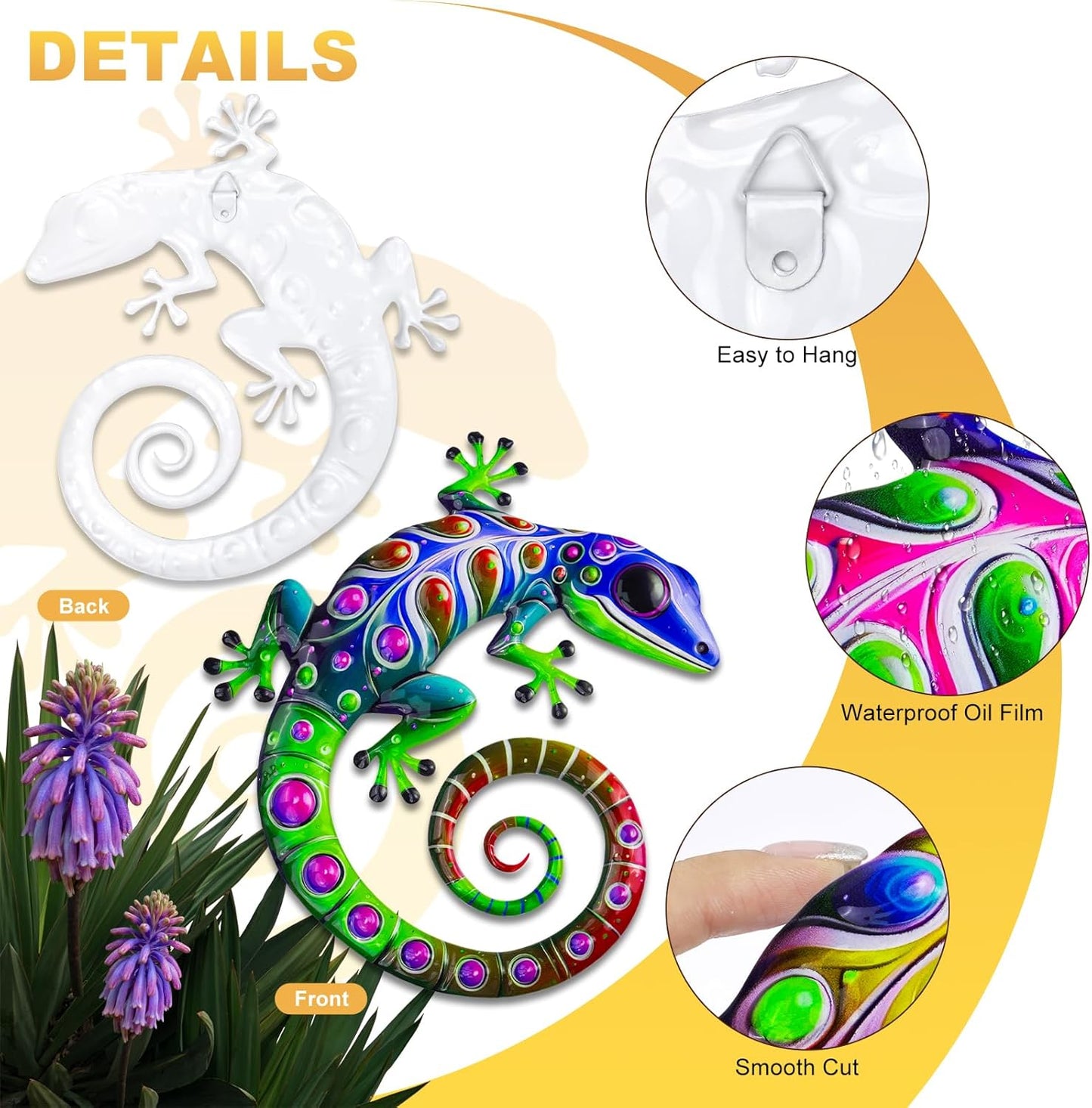 ULENDIS 4 Pack Metal Gecko Wall Decor, 7.8 Inch Lizard Outdoor Wall Art Fence Decorations for Patio and Yard, Colorful Hanging Decoration for Garden Living Room Bedroom Patio Balcony