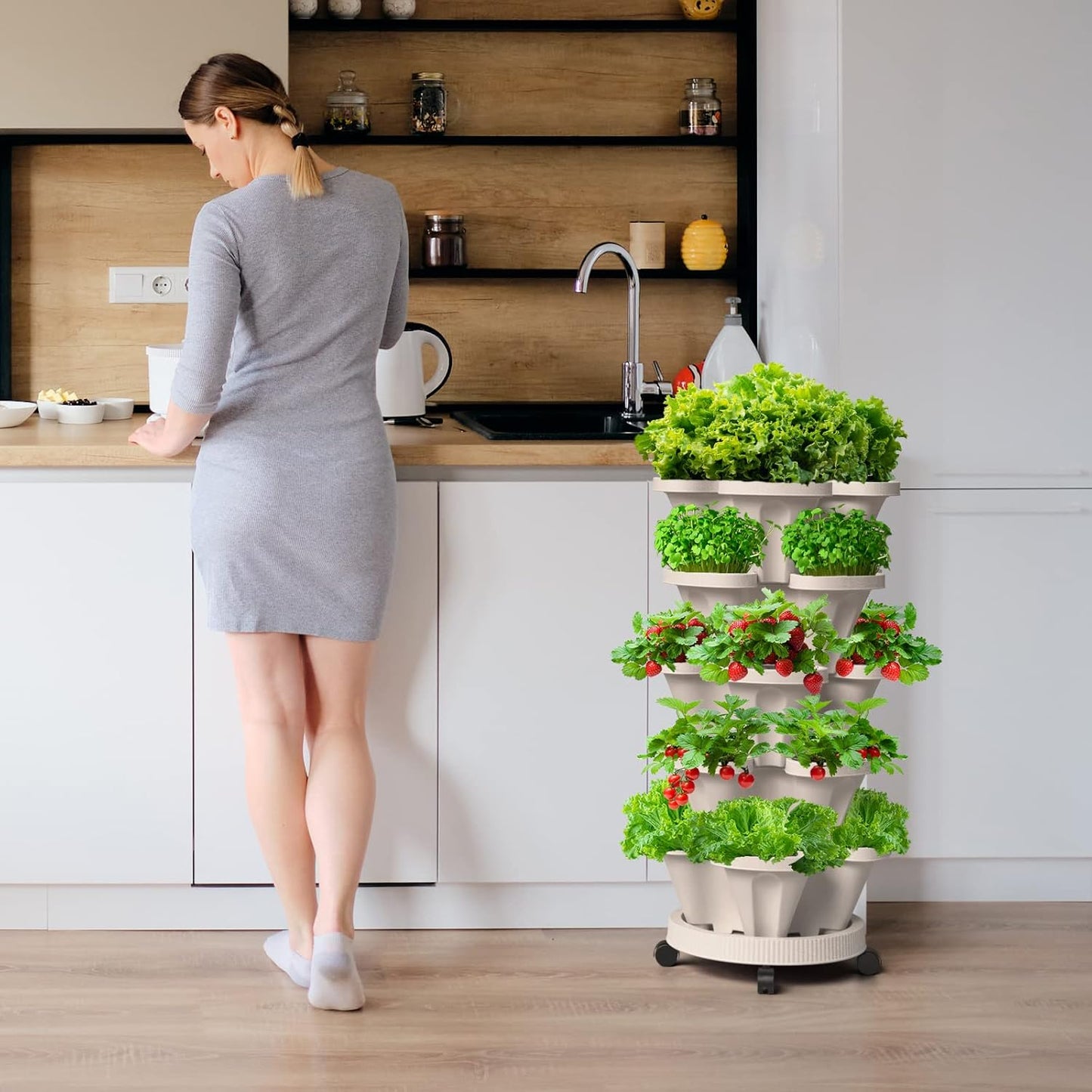 Strawberry Vertical Planter GardenTower, 5 Tiered Stackable Planter with Support Pole, Stacking Herb Vegetable Planters Indoor and Outdoor - Light Grey