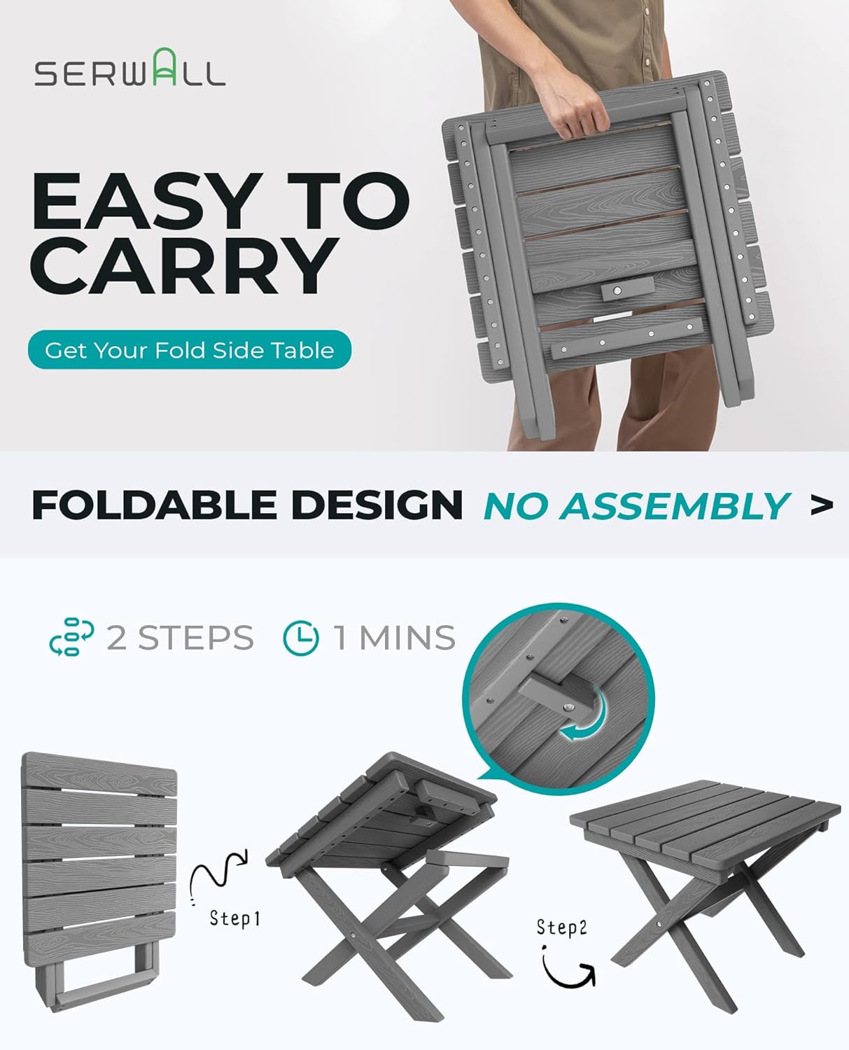 SERWALL Folding Outdoor Side Table Set of 2, Portable Adirondack Side Table, Gray