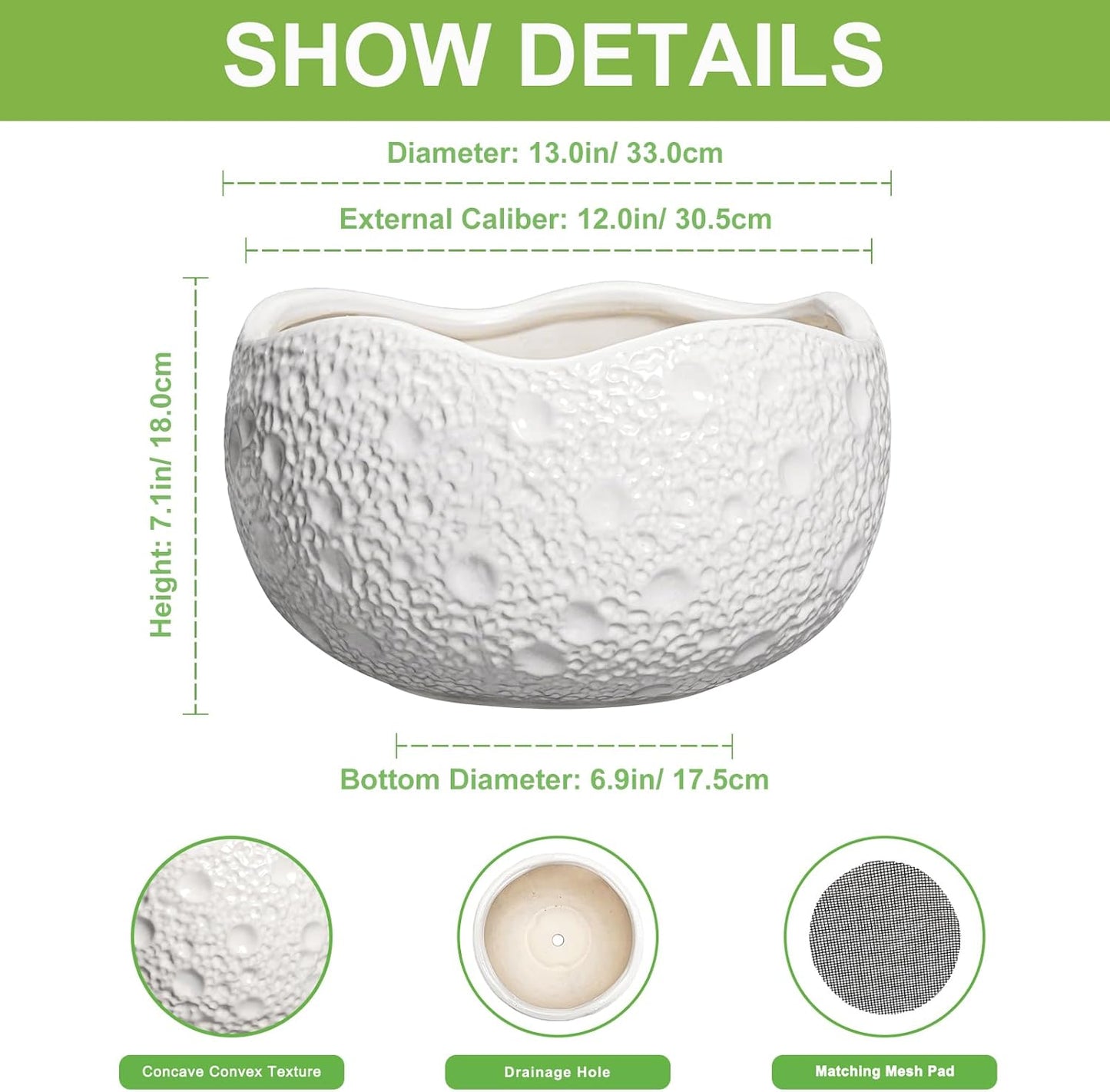 Large Bonsai Pots - 13 Inch Ceramic Planter for Indoor Outdoor, Round Plant Pot, Decorative Flower Pots with Drainage Hole, Modern Unique Planters, Garden Decor Home, Garden Gifts, White