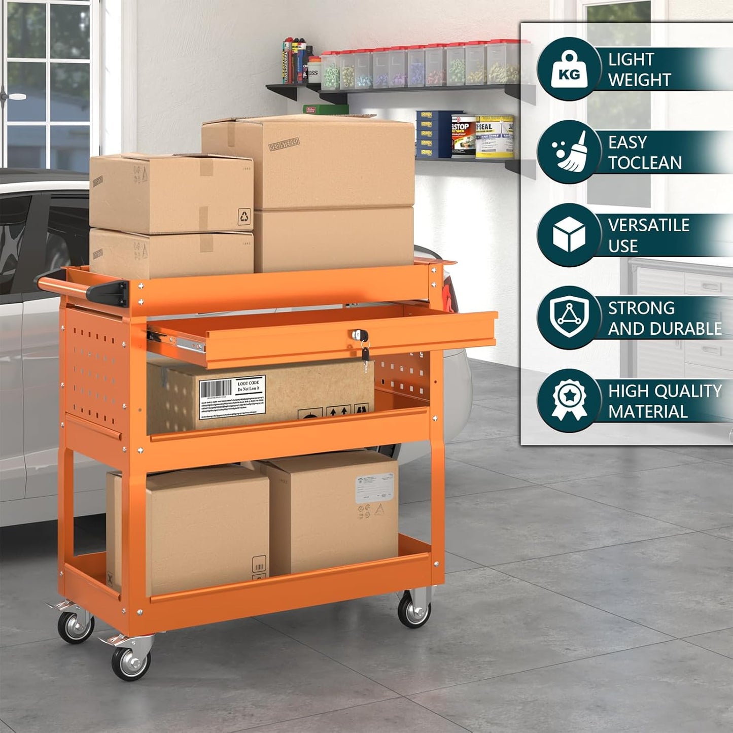 3 Tier Rolling Tool Cart on Wheels with Locking Drawer - Metal Service Cart Industrial Utility Cart for Mechanic - 350 LBS Mobile Storage Organizer for Garage, (Orange)