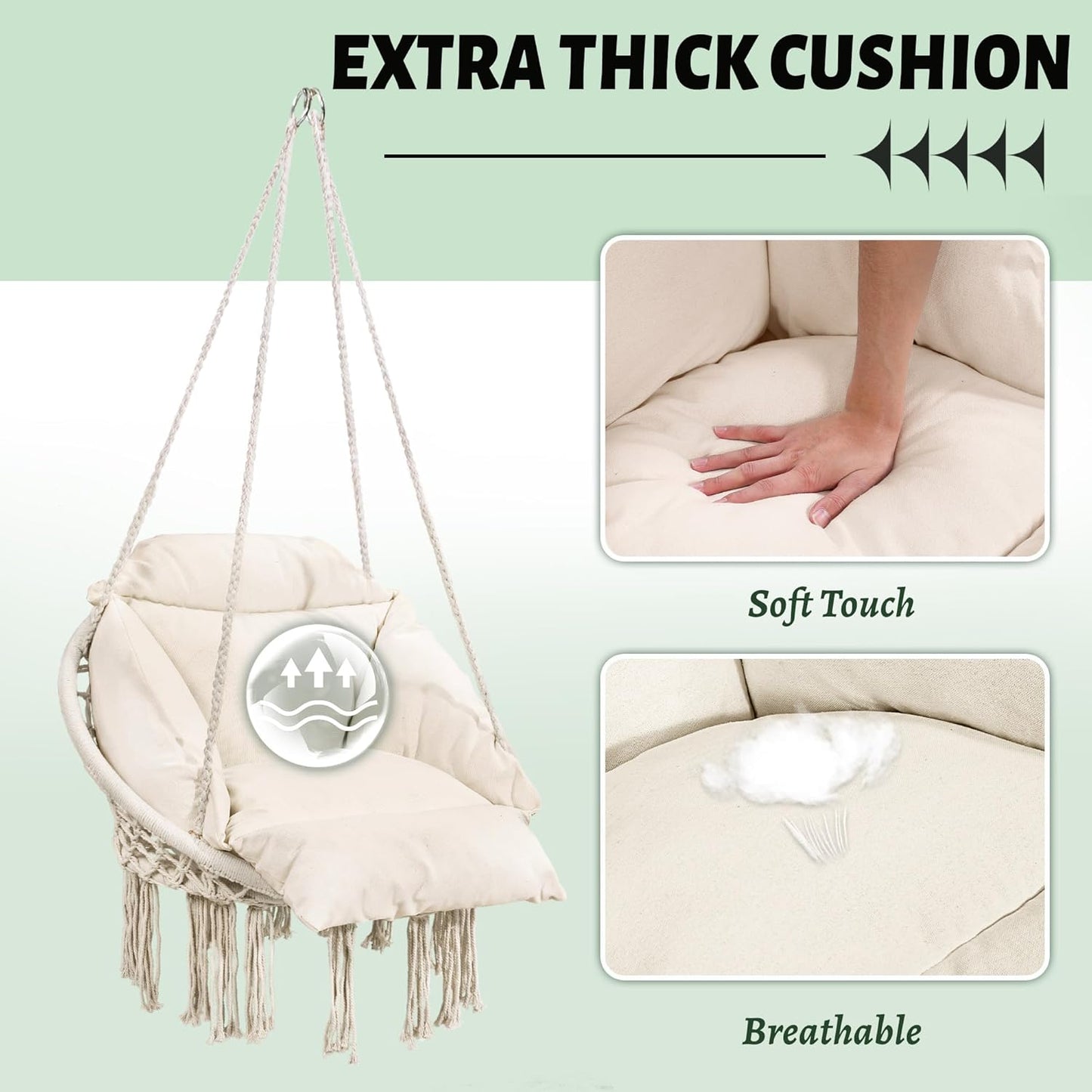 Macrame Hammock Hanging Swinging Chair with Oversized Cushion, Perfect for Bedroom, Porch, Kids, Adults, Balcony, Beige